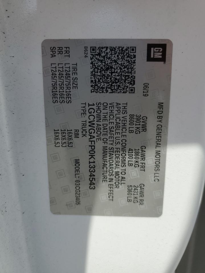 2019 Chevrolet Express G2500 VIN: 1GCWGAFP0K1334543 Lot: 60727814