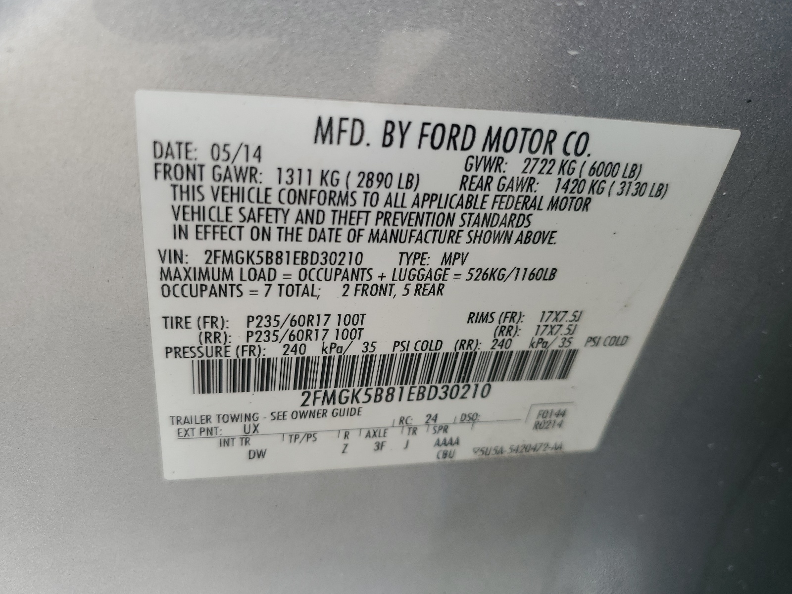 2FMGK5B81EBD30210 2014 Ford Flex Se