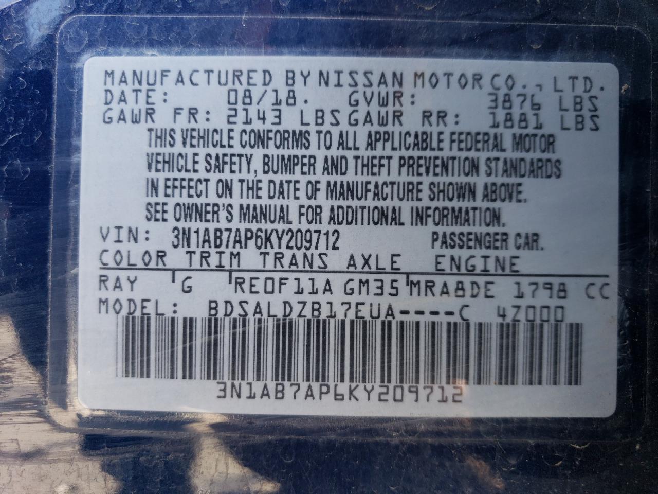 3N1AB7AP6KY209712 2019 Nissan Sentra S