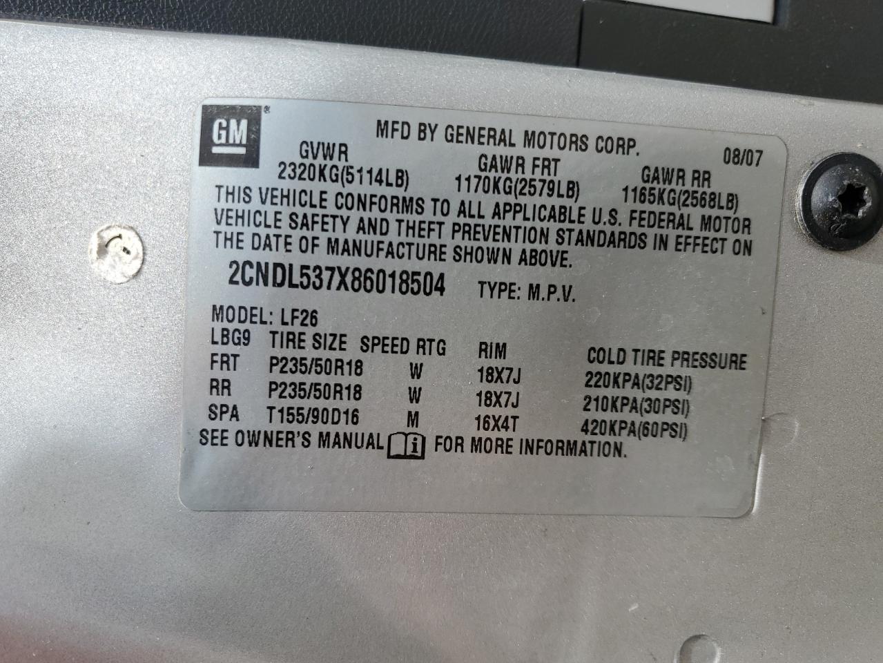 2008 Chevrolet Equinox Sport VIN: 2CNDL537X86018504 Lot: 61916634