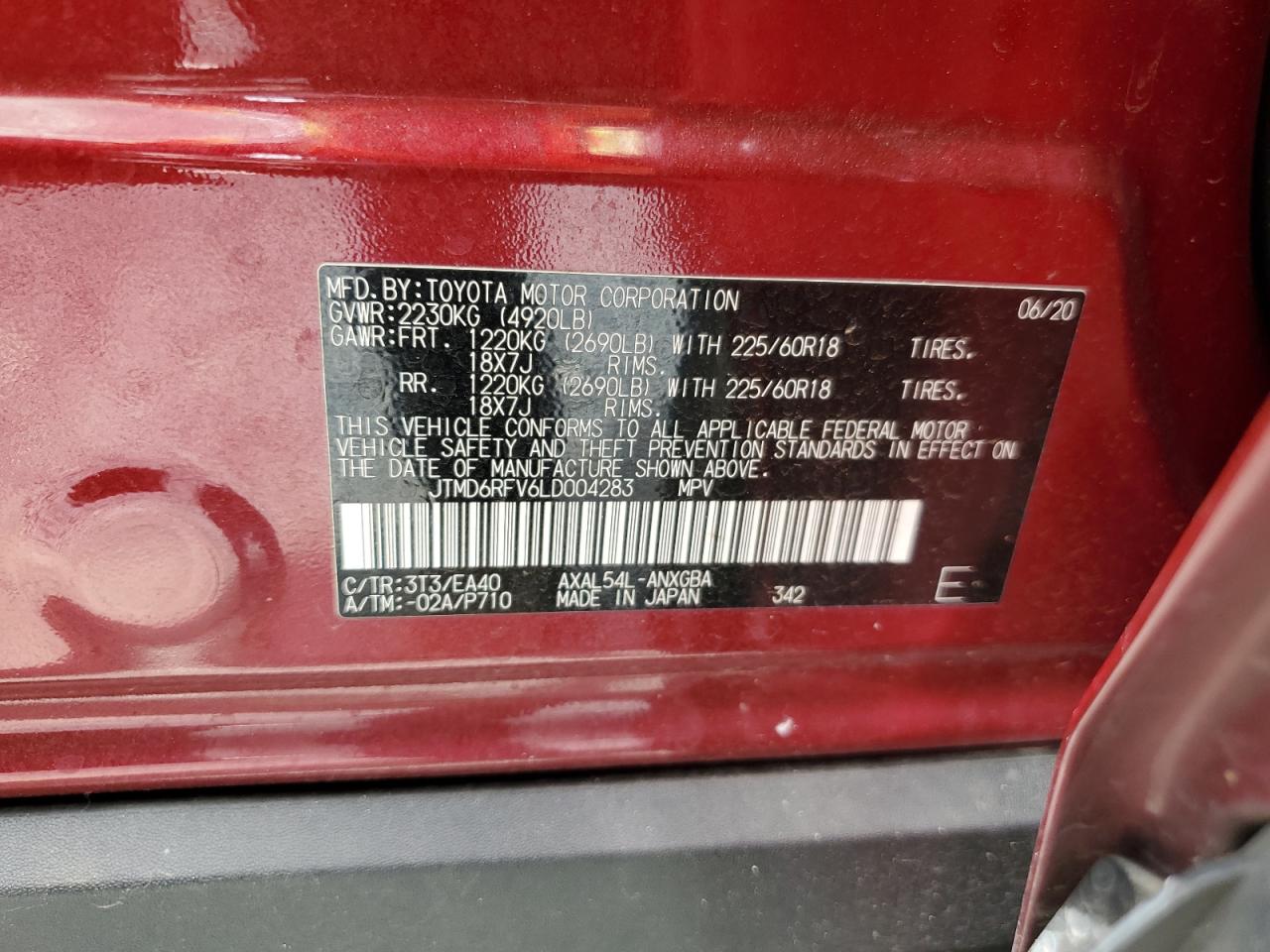 2020 Toyota Rav4 Limited VIN: JTMD6RFV6LD004283 Lot: 64386974