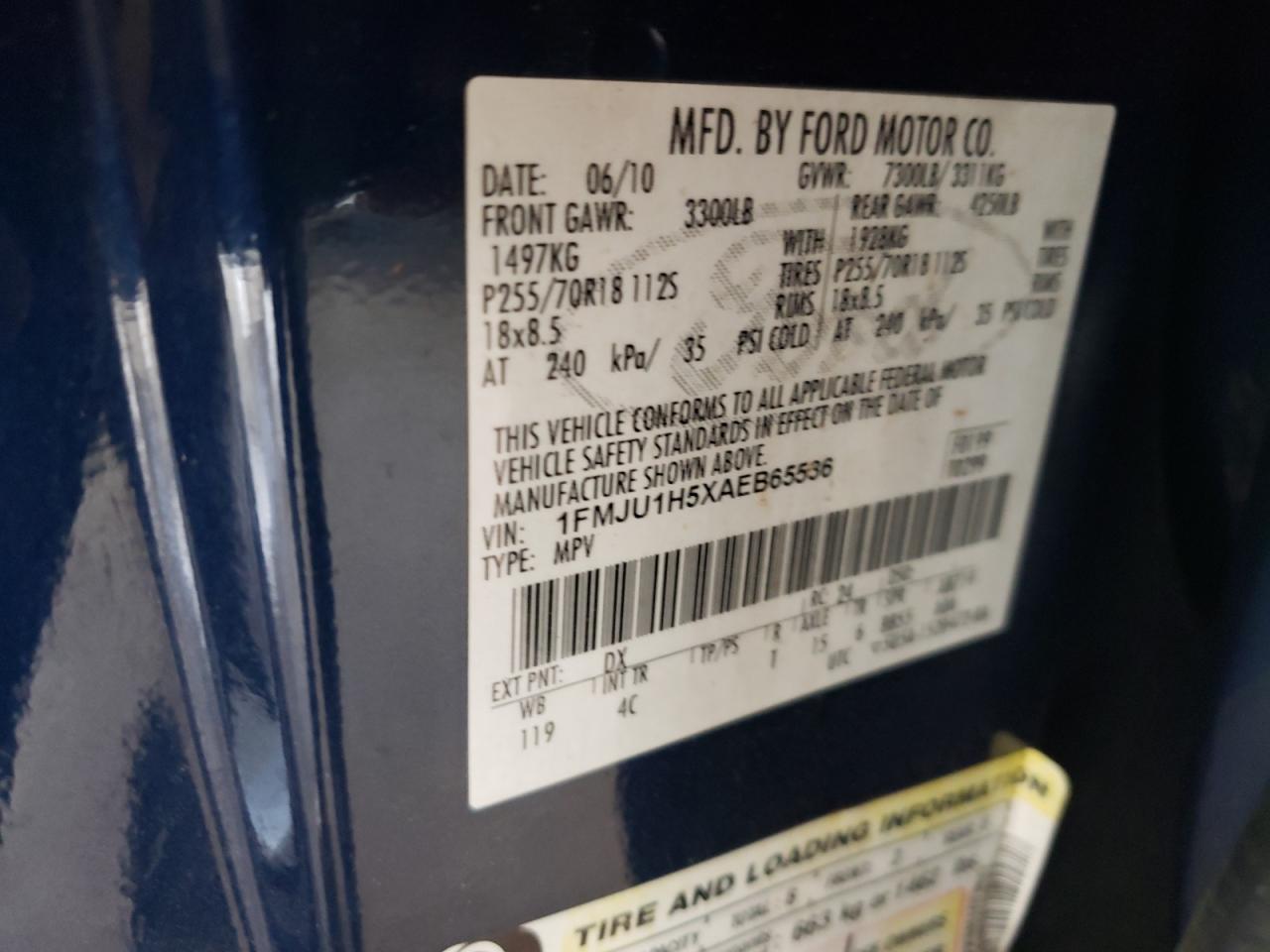 2010 Ford Expedition Eddie Bauer VIN: 1FMJU1H5XAEB65536 Lot: 61947494