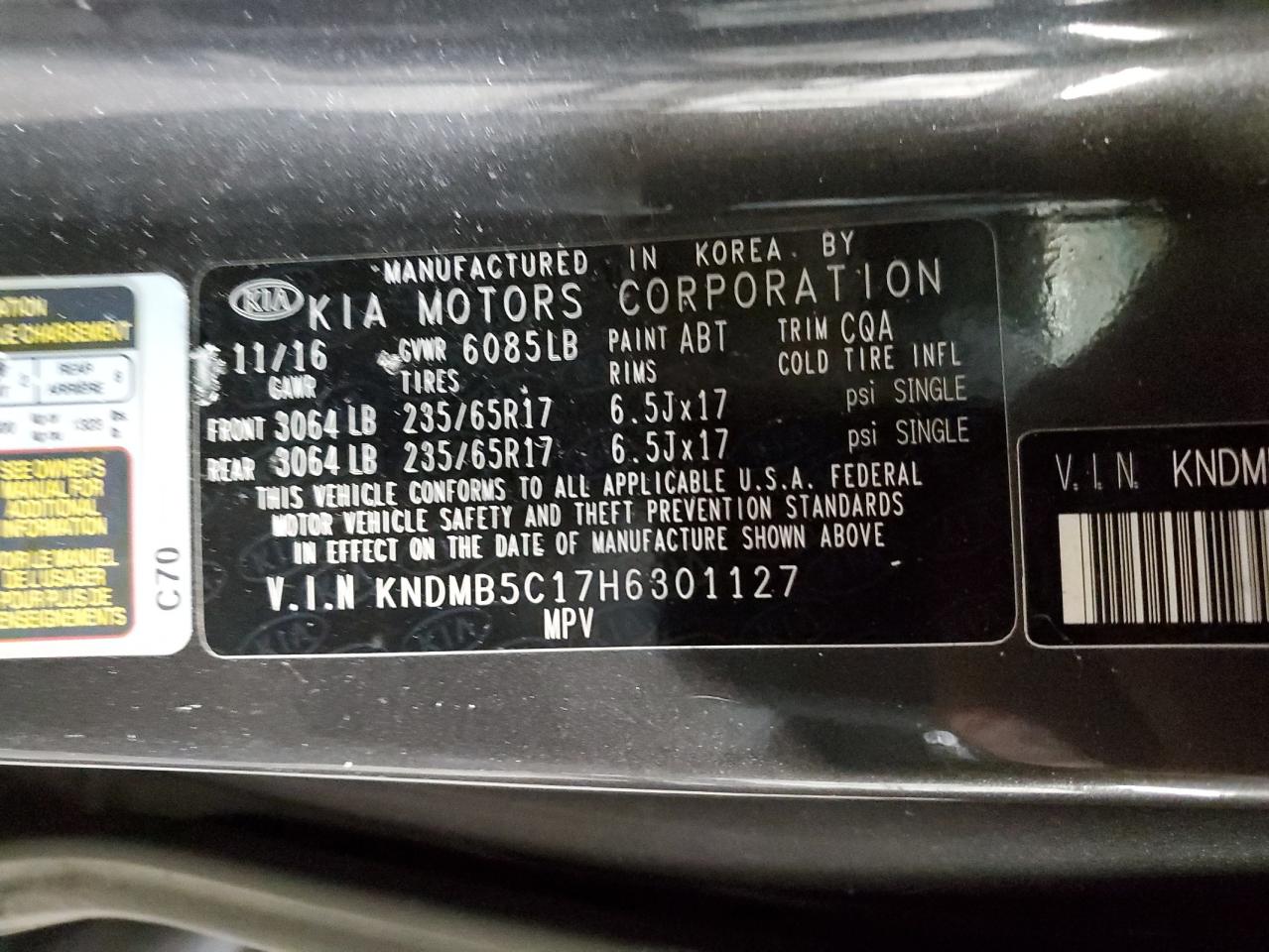 2017 Kia Sedona Lx VIN: KNDMB5C17H6301127 Lot: 61744284