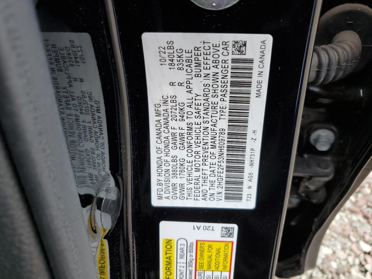 2HGFE2F53NH609789 2022 Honda Civic Sport