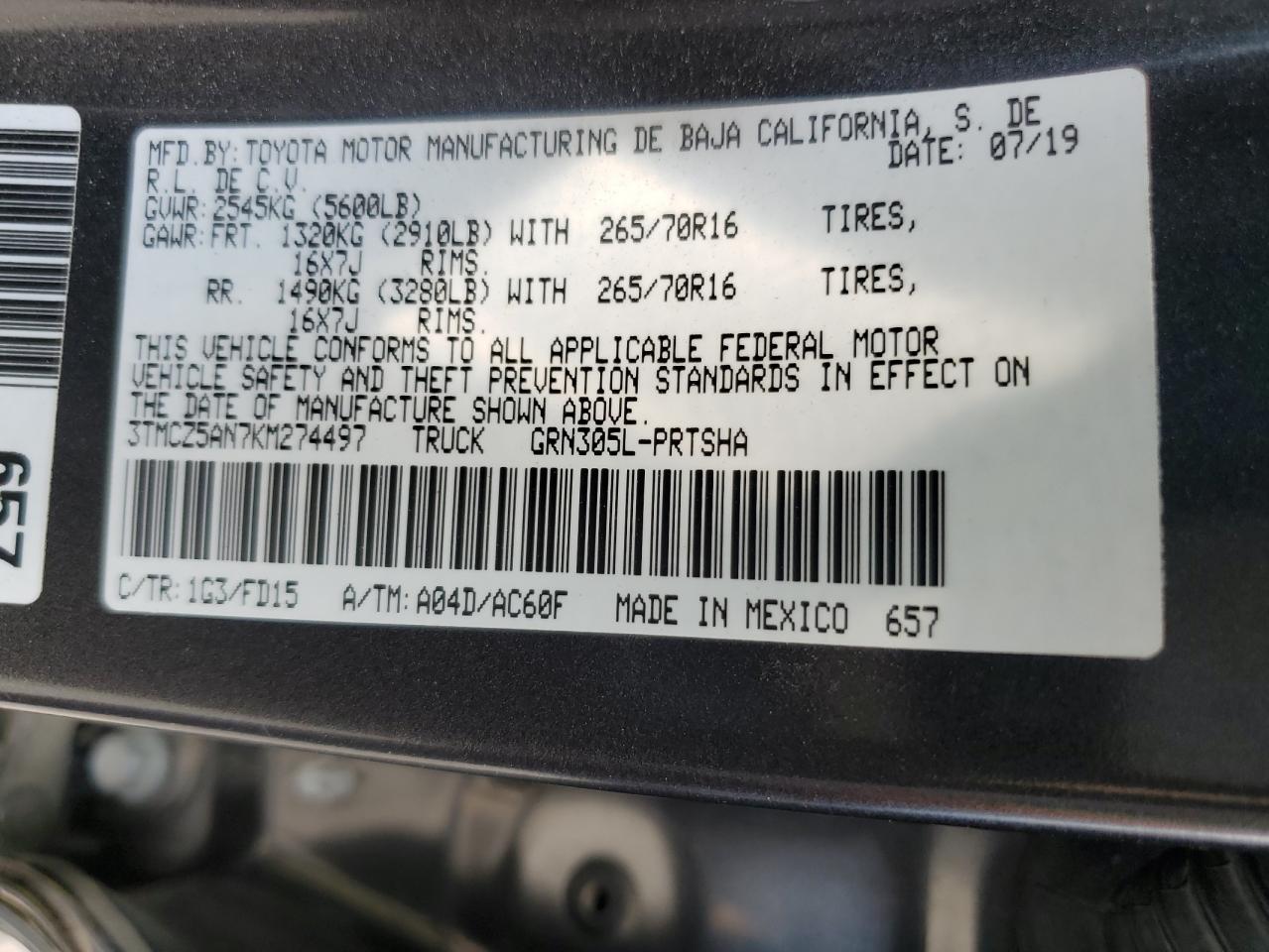 2019 Toyota Tacoma Double Cab VIN: 3TMCZ5AN7KM274497 Lot: 62556724