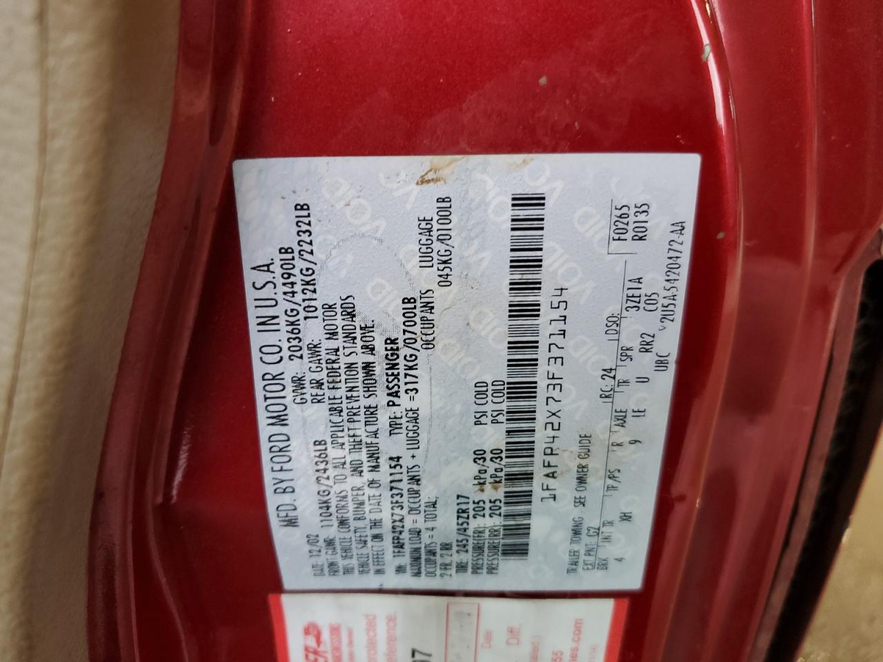 2003 Ford Mustang Gt VIN: 1FAFP42X73F371154 Lot: 61890434