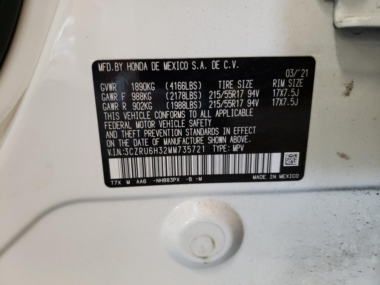 2021 Honda Hr-V Lx VIN: 3CZRU6H32MM735721 Lot: 63690264