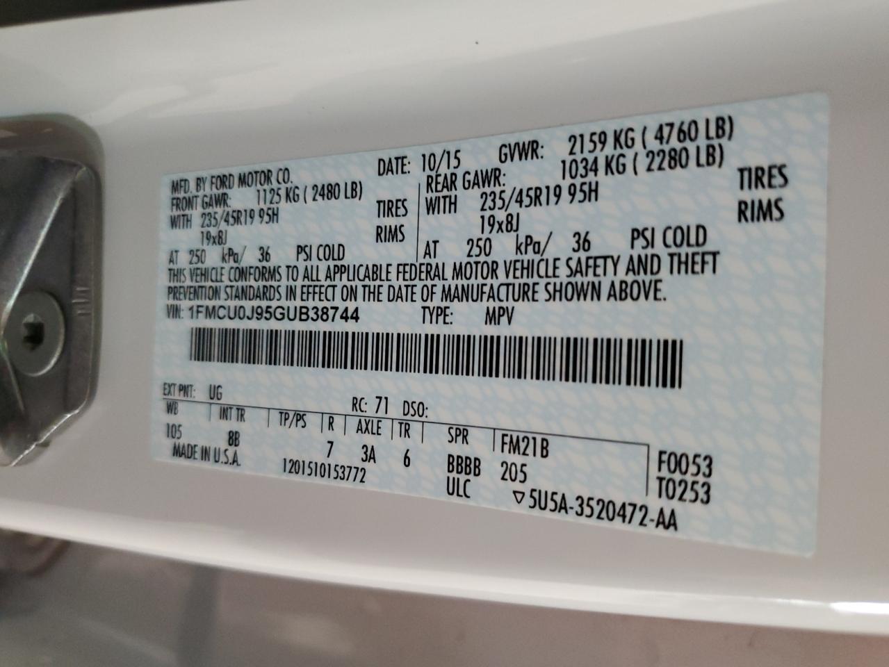 2016 Ford Escape Titanium VIN: 1FMCU0J95GUB38744 Lot: 64839104