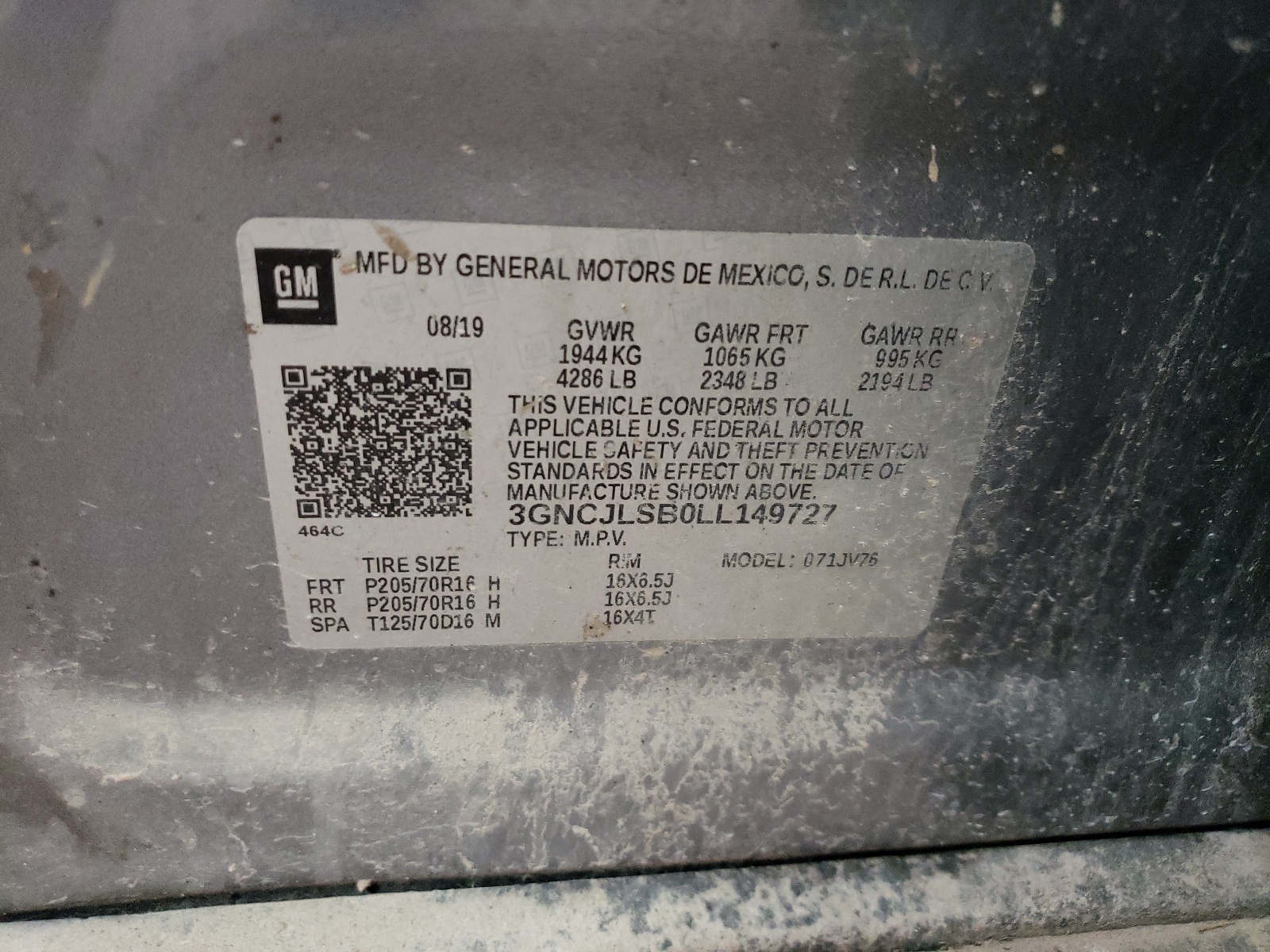 3GNCJLSB0LL149727 2020 Chevrolet Trax 1Lt