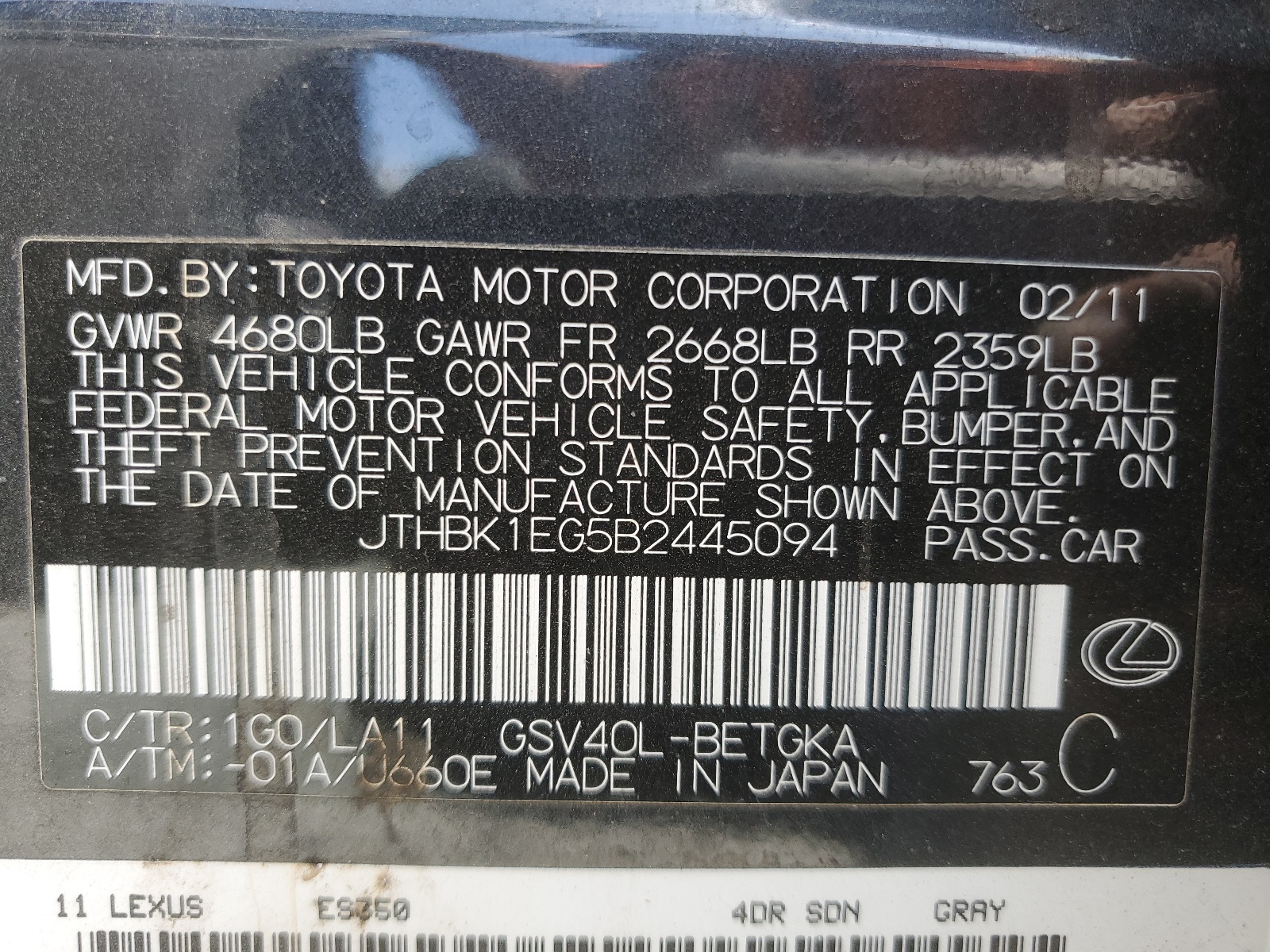 JTHBK1EG5B2445094 2011 Lexus Es 350