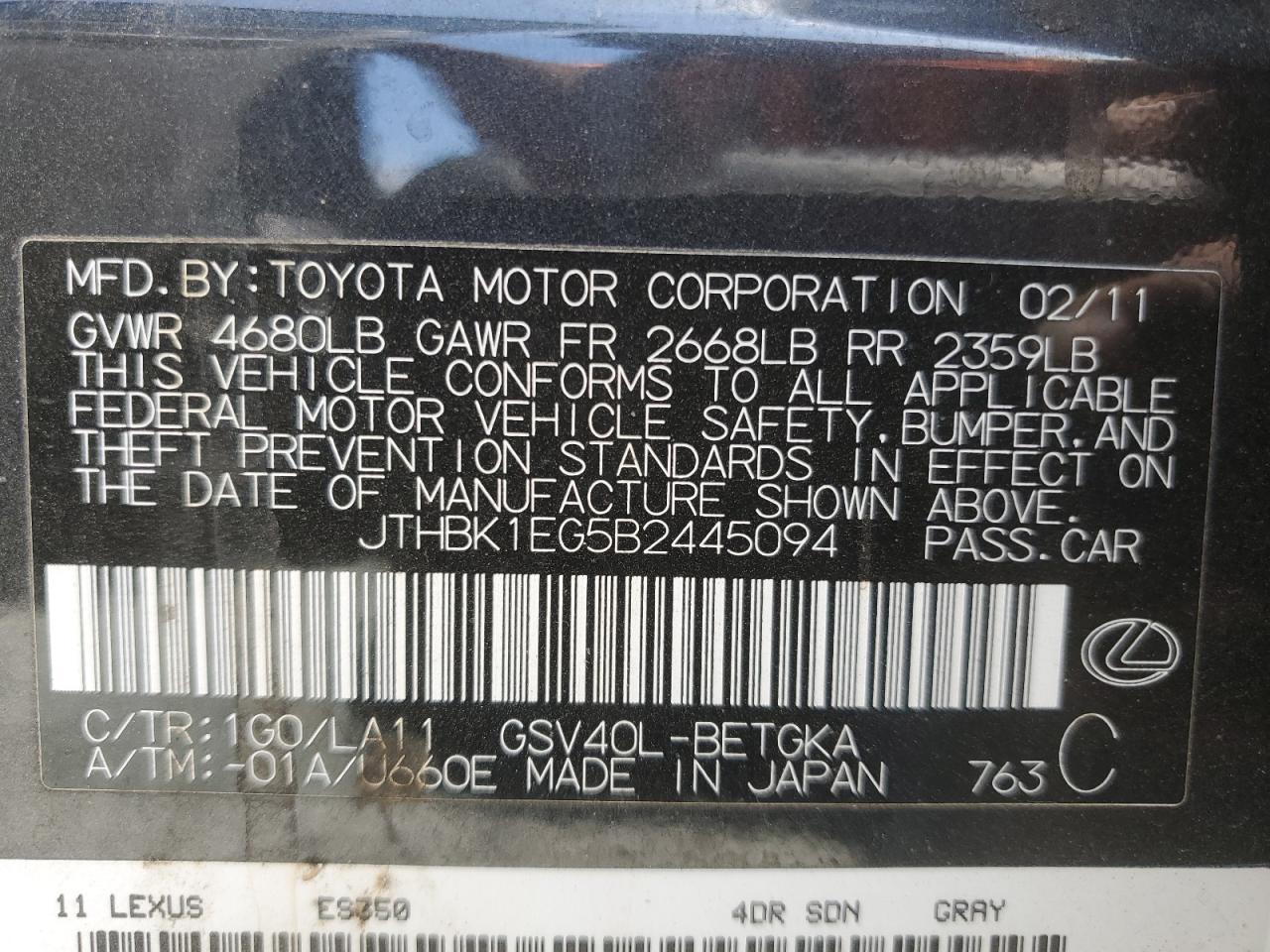 2011 Lexus Es 350 VIN: JTHBK1EG5B2445094 Lot: 62475434