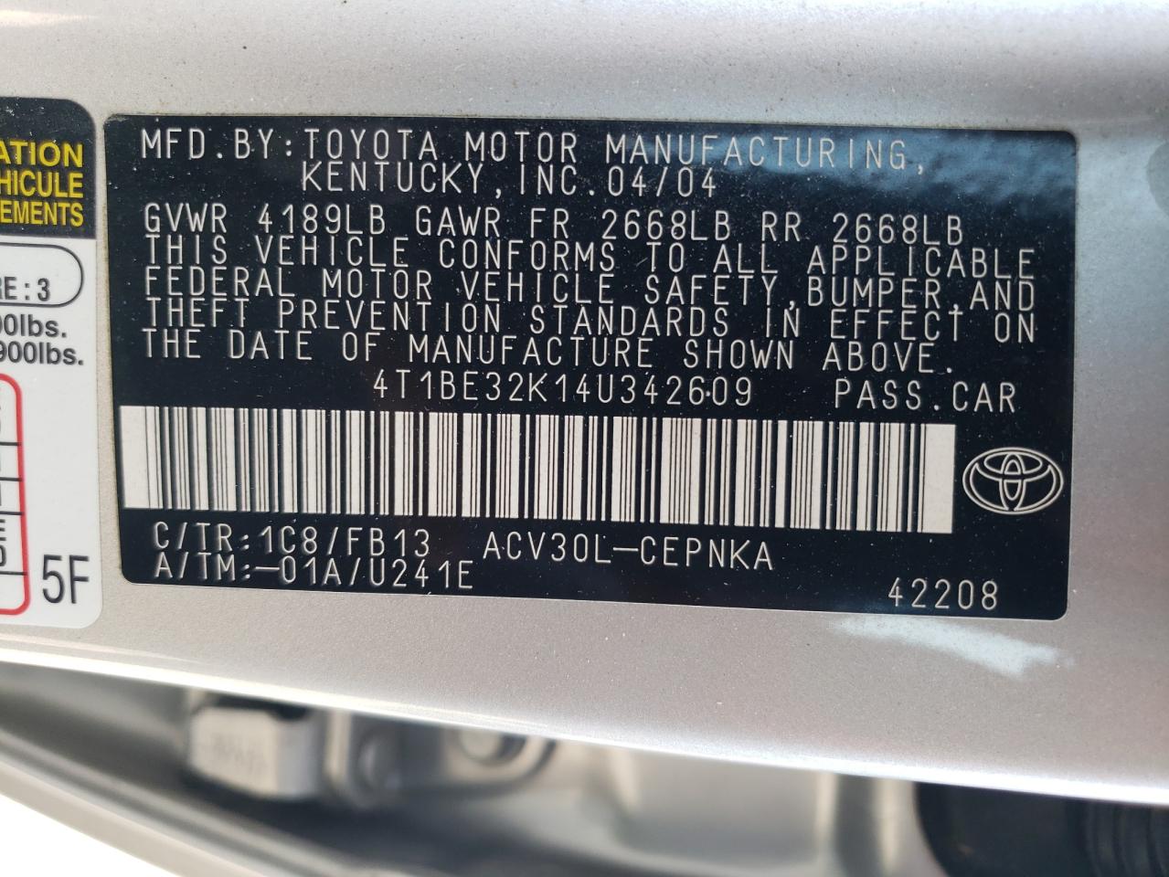 2004 Toyota Camry Le VIN: 4T1BE32K14U342609 Lot: 64716244