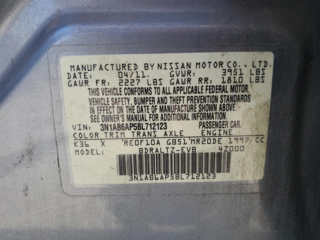 2011 Nissan Sentra 2.0 VIN: 3N1AB6AP5BL712123 Lot: 62288774