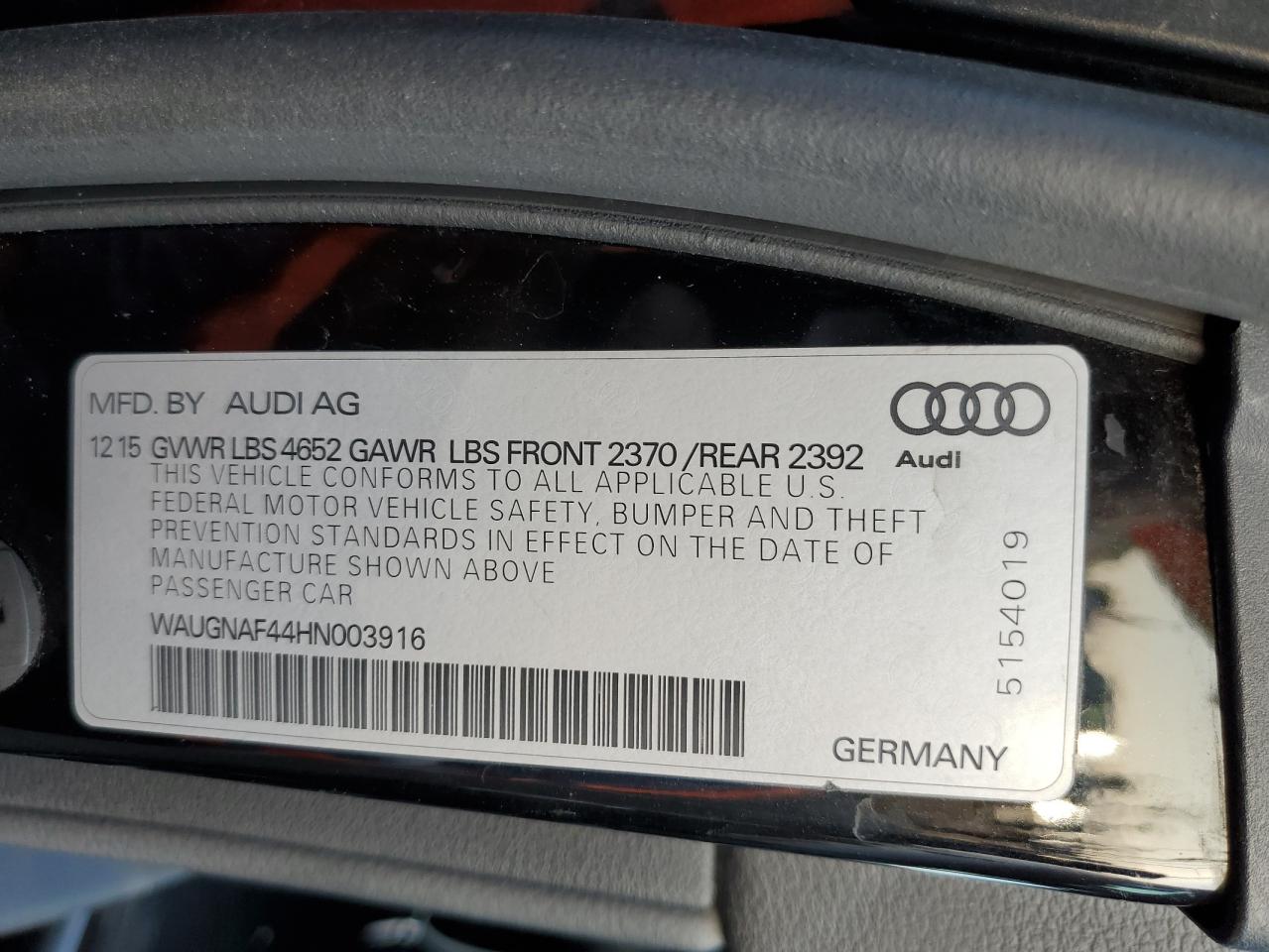 2017 Audi A4 Premium VIN: WAUGNAF44HN003916 Lot: 64684364