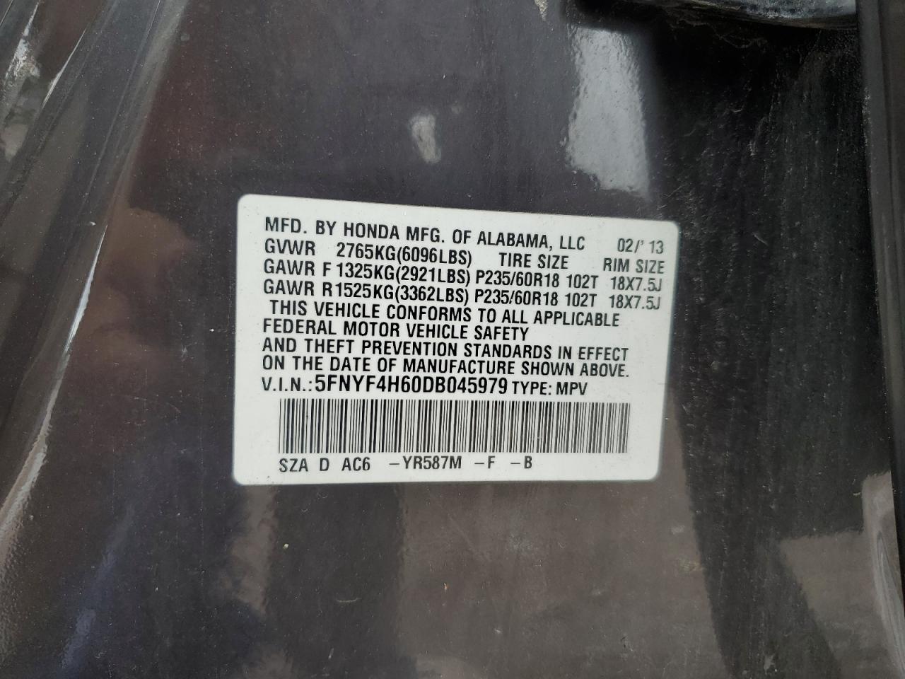 2013 Honda Pilot Exl VIN: 5FNYF4H60DB045979 Lot: 62413074