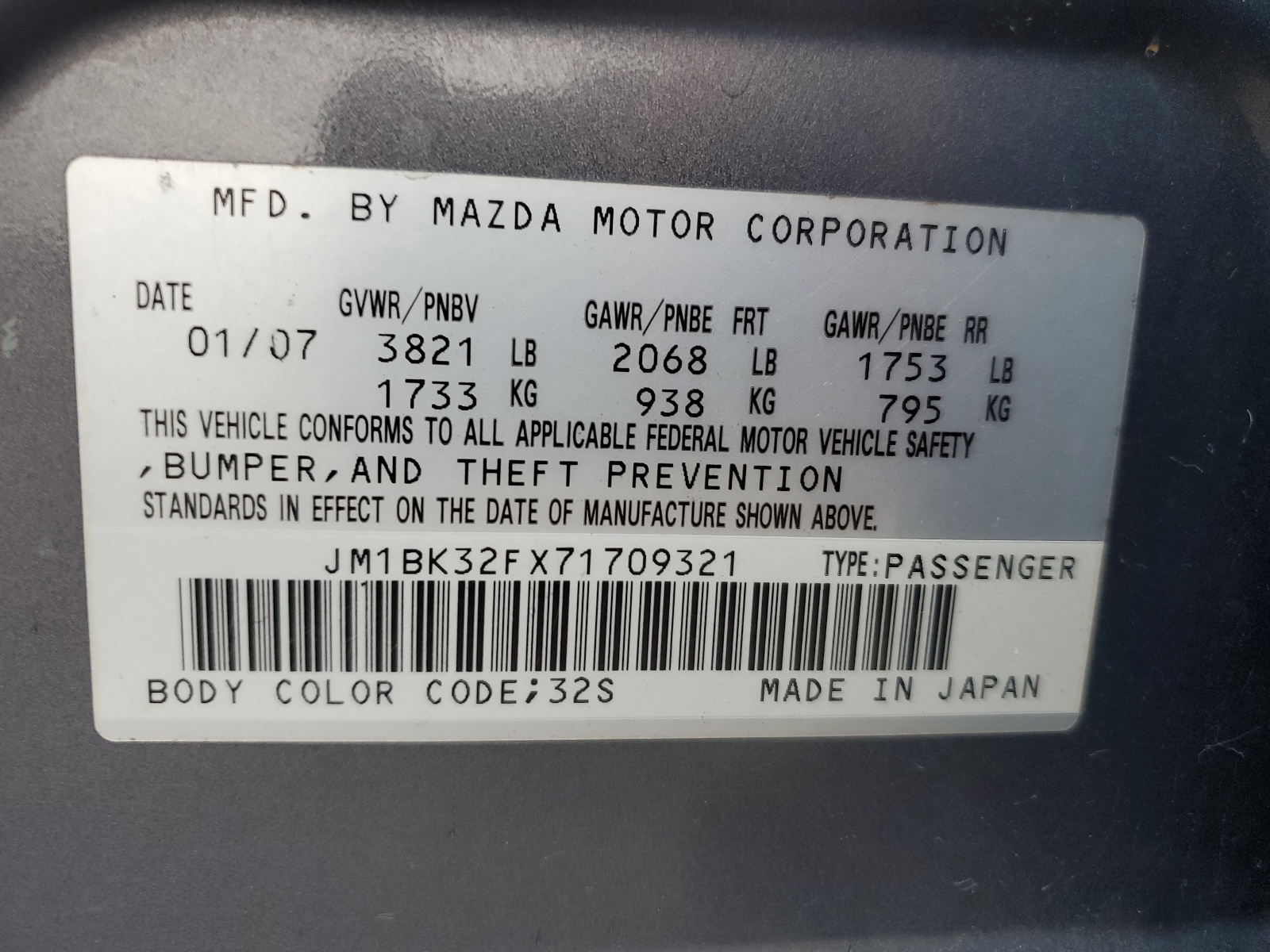 JM1BK32FX71709321 2007 Mazda 3 I