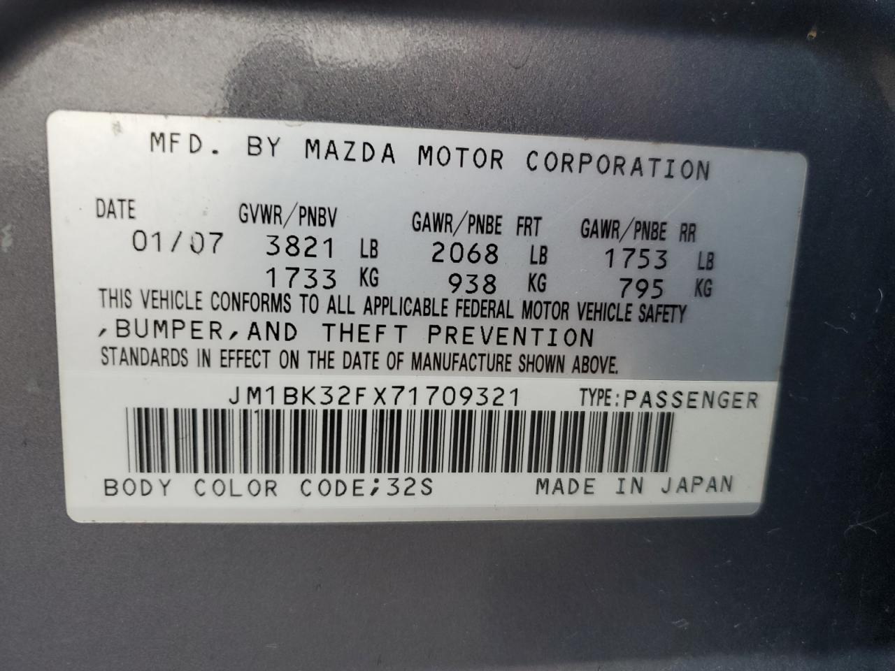 2007 Mazda 3 I VIN: JM1BK32FX71709321 Lot: 64895694