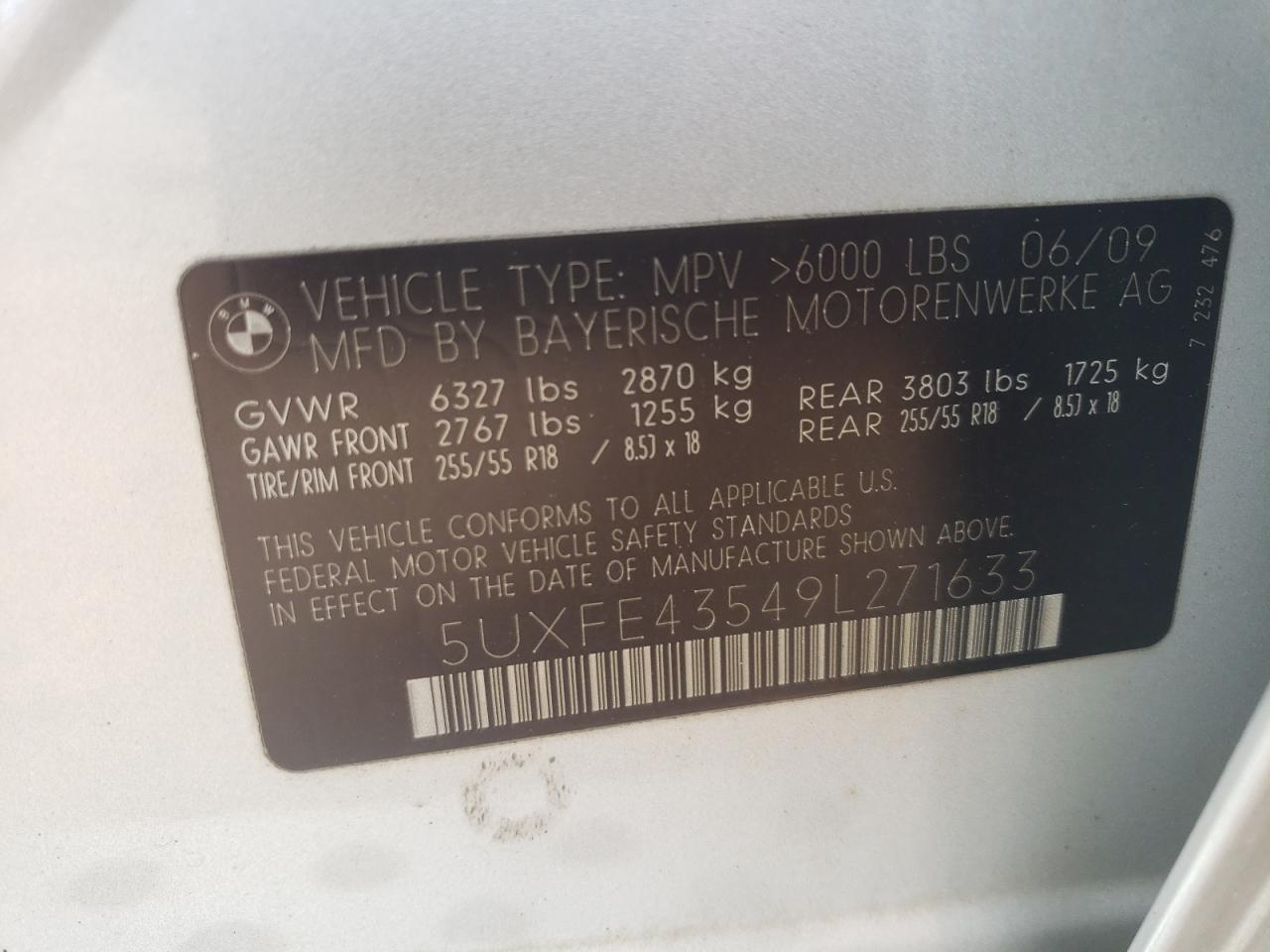 2009 BMW X5 xDrive30I VIN: 5UXFE43549L271633 Lot: 61608444