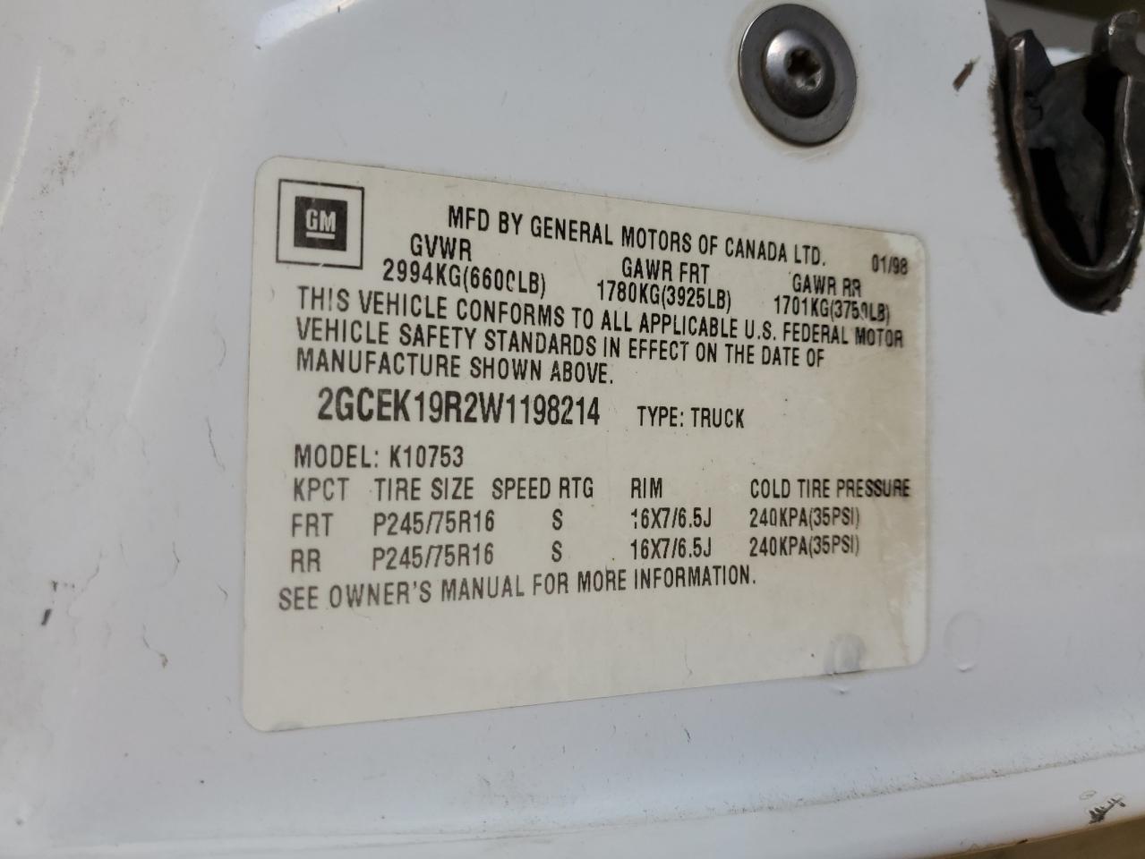1998 Chevrolet Gmt-400 K1500 VIN: 2GCEK19R2W1198214 Lot: 62331144