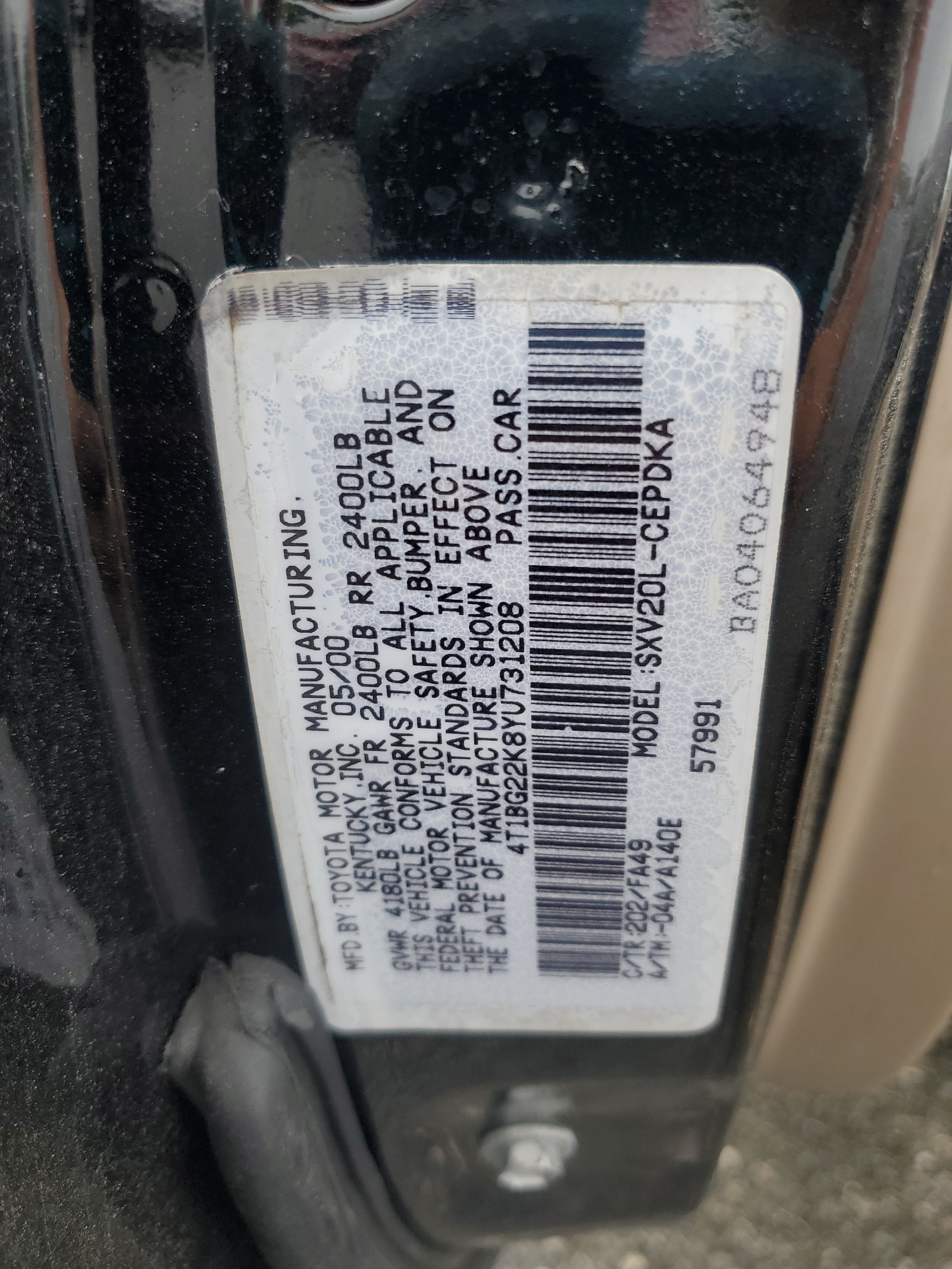 4T1BG22K8YU731208 2000 Toyota Camry Ce