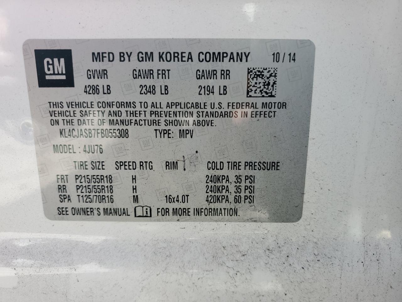 2015 BUICK ENCORE with REAR END damage, VIN KL4CJASB7FB055308