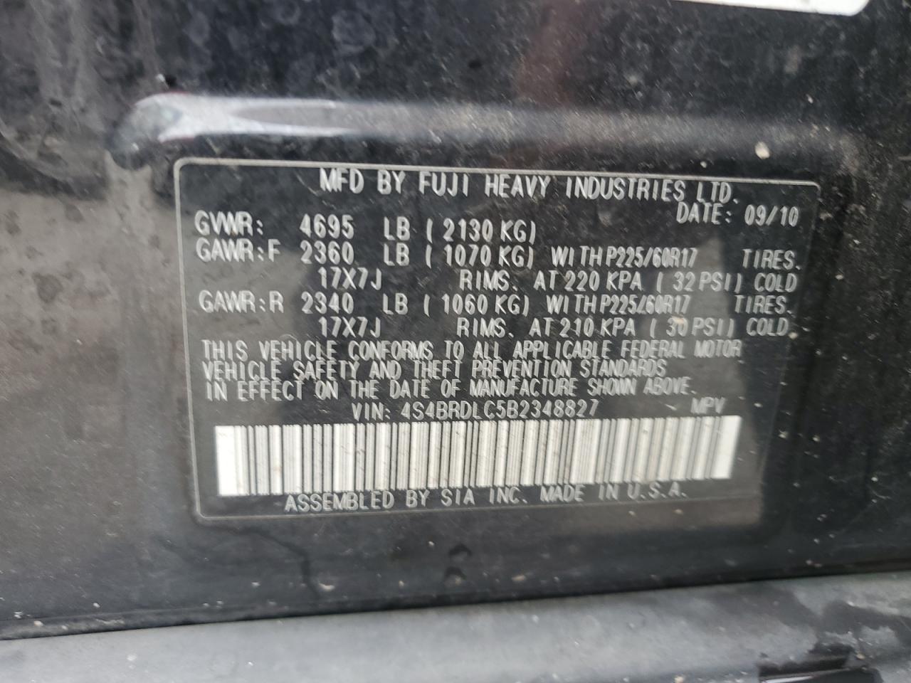 2011 Subaru Outback 3.6R Limited VIN: 4S4BRDLC5B2348827 Lot: 62684014