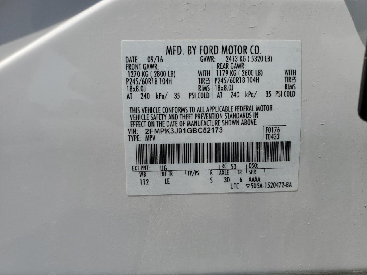 2016 Ford Edge Sel VIN: 2FMPK3J91GBC52173 Lot: 62559724