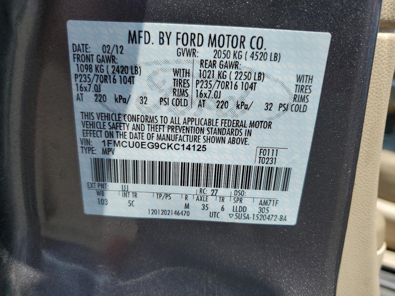 2012 Ford Escape Limited VIN: 1FMCU0EG9CKC14125 Lot: 63682894