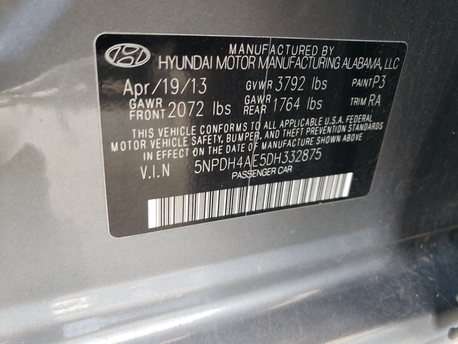 5NPDH4AE5DH332875 2013 Hyundai Elantra Gls