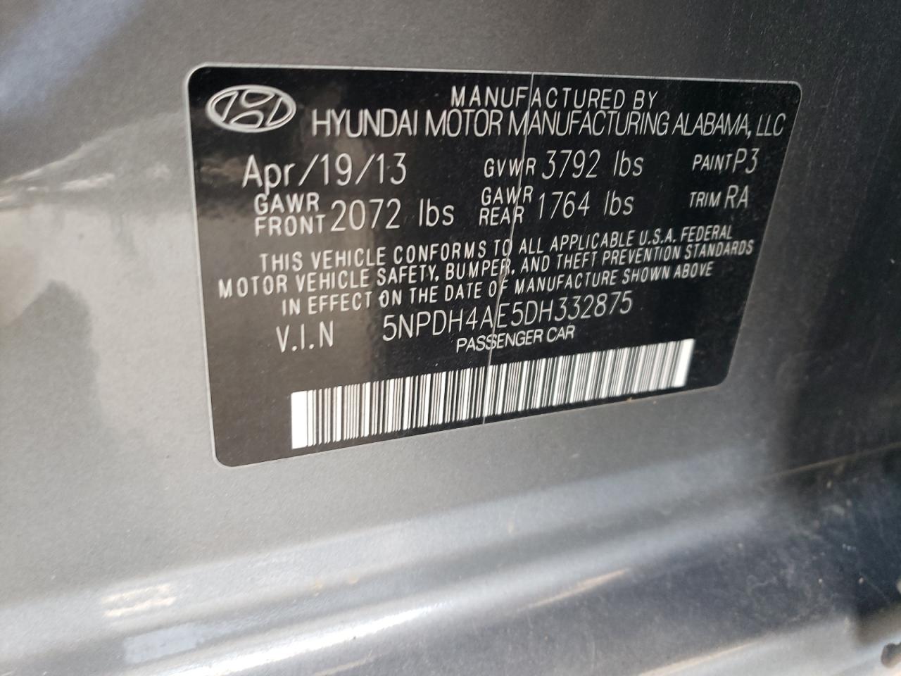 2013 Hyundai Elantra Gls VIN: 5NPDH4AE5DH332875 Lot: 62570854