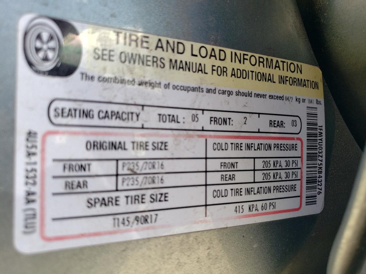 2005 Ford Escape Xlt VIN: 1FMYU03Z75KB43276 Lot: 64849654