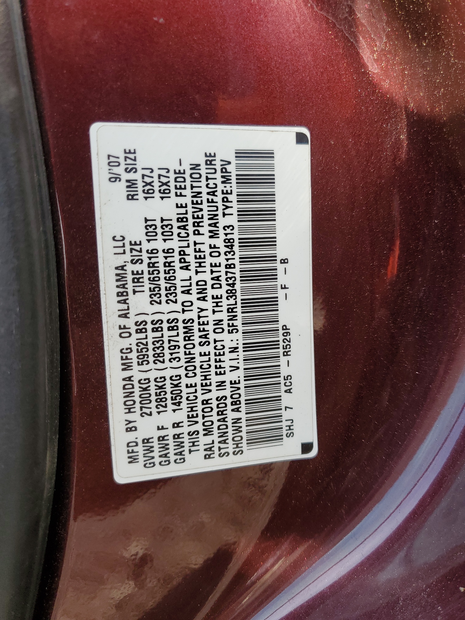 5FNRL38437B134813 2007 Honda Odyssey Ex