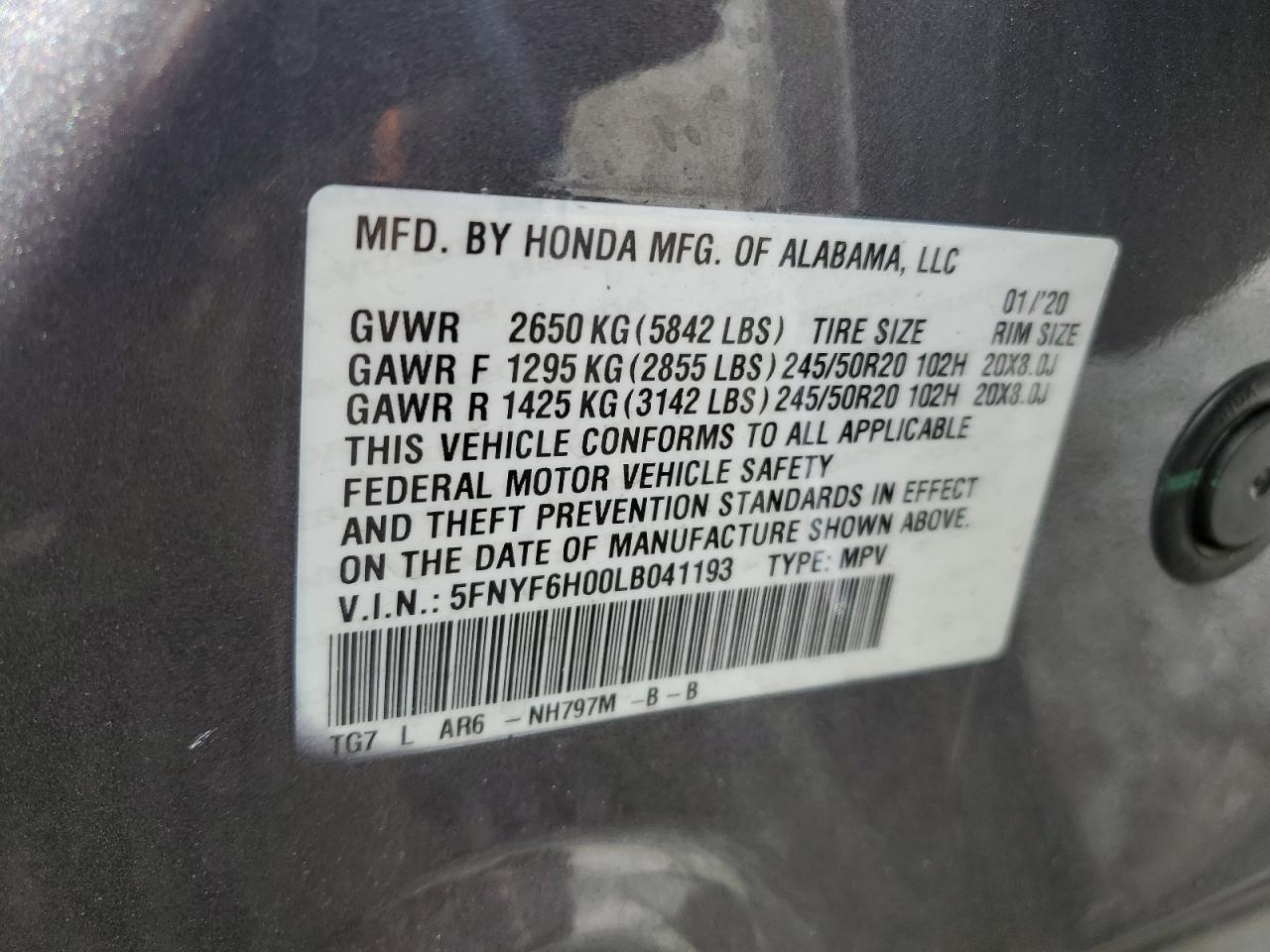 2020 Honda Pilot Elite VIN: 5FNYF6H00LB041193 Lot: 63181924