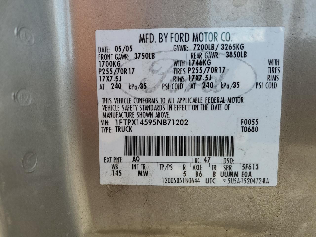 2005 Ford F150 VIN: 1FTPX14595NB71202 Lot: 65350794