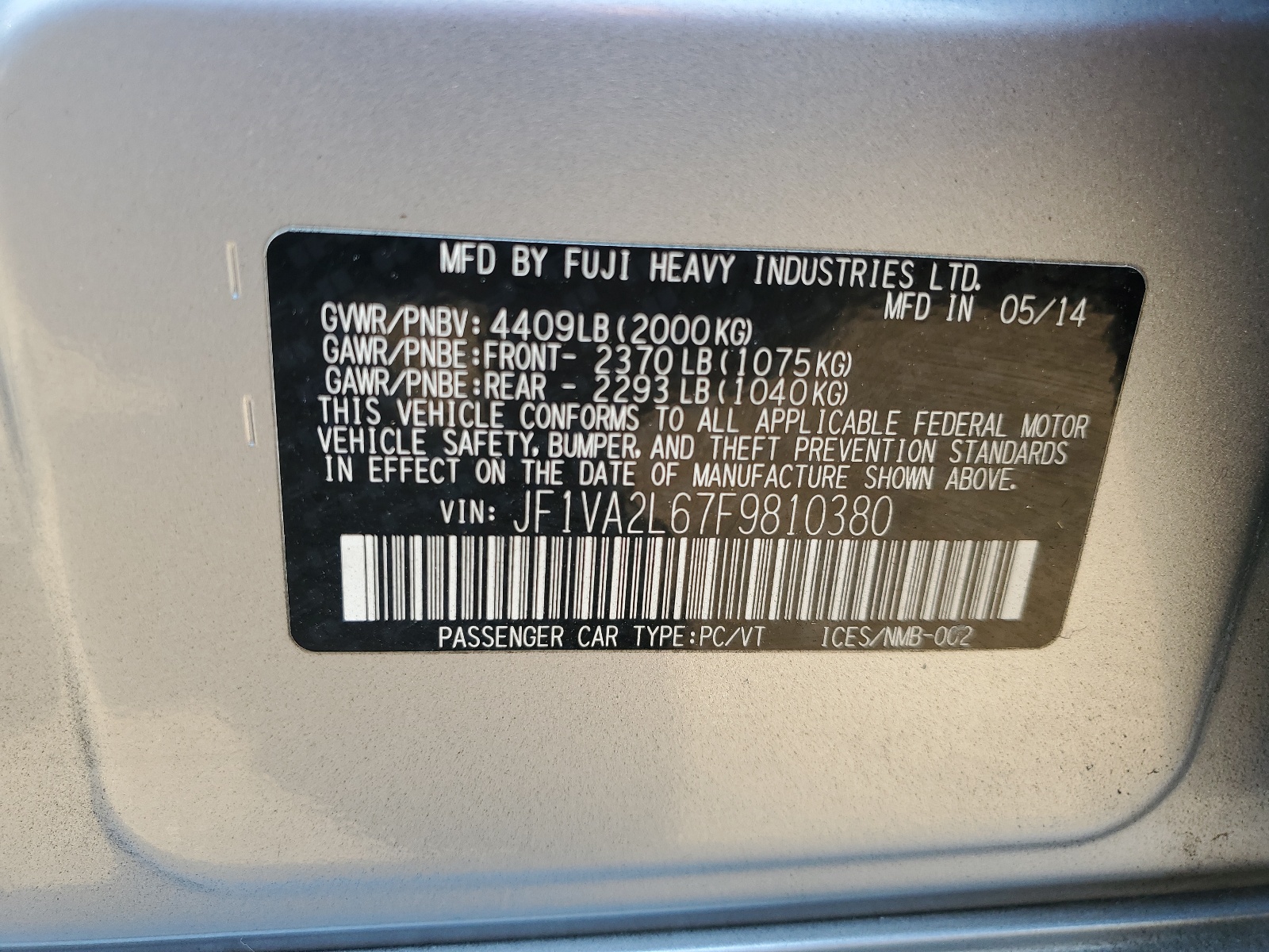 JF1VA2L67F9810380 2015 Subaru Wrx Sti