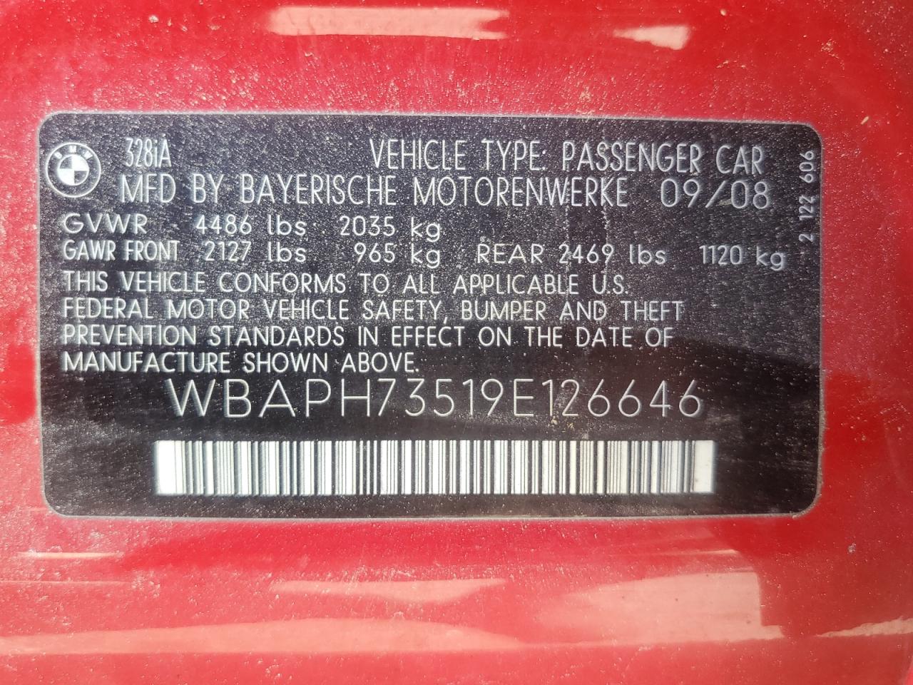 2009 BMW 328 I VIN: WBAPH73519E126646 Lot: 64028364