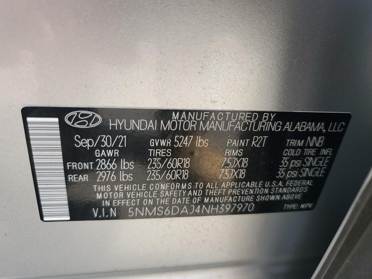 2022 Hyundai Santa Fe Sel VIN: 5NMS6DAJ4NH397970 Lot: 65640384
