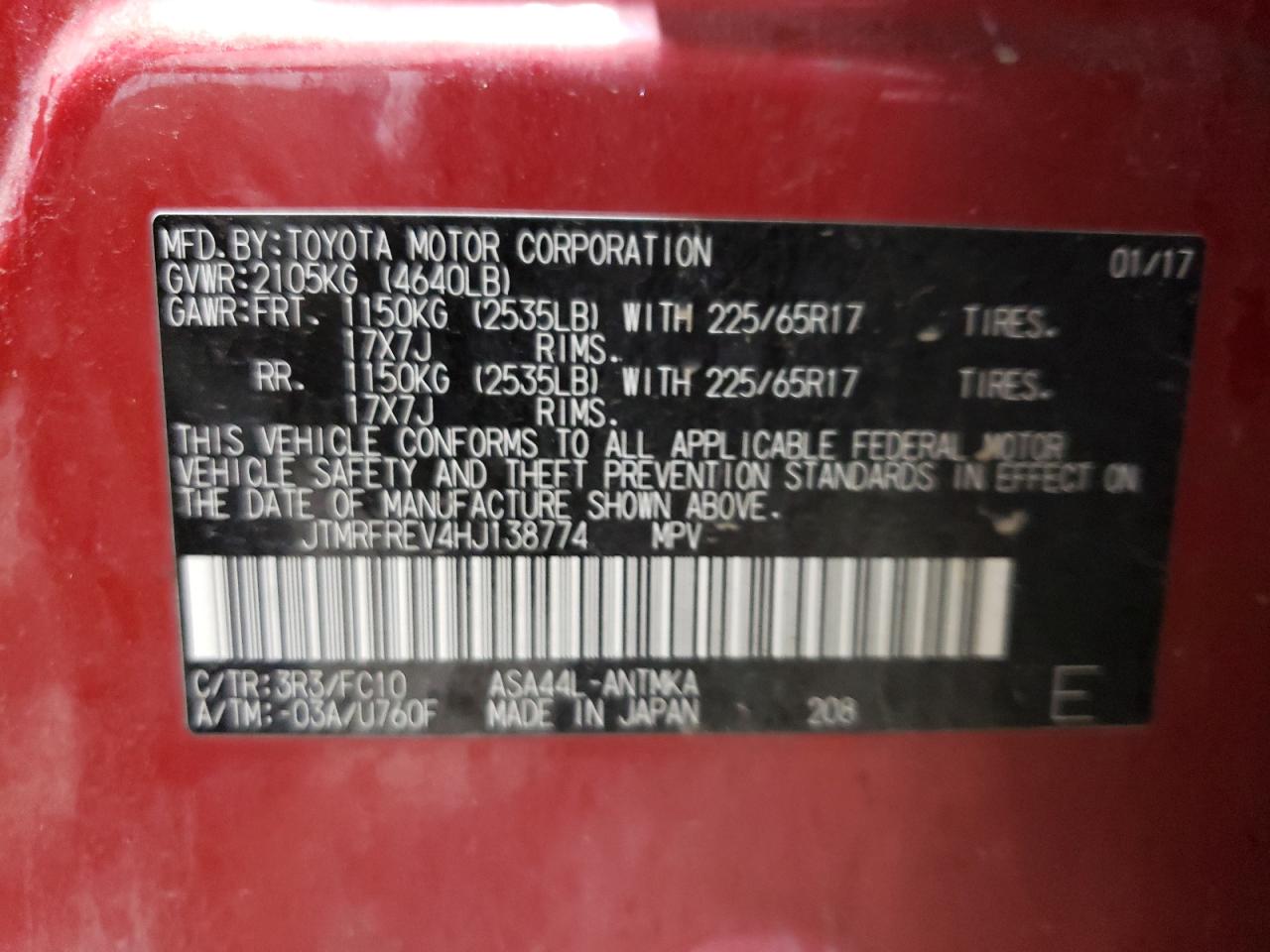 2017 Toyota Rav4 Xle VIN: JTMRFREV4HJ138774 Lot: 65317104