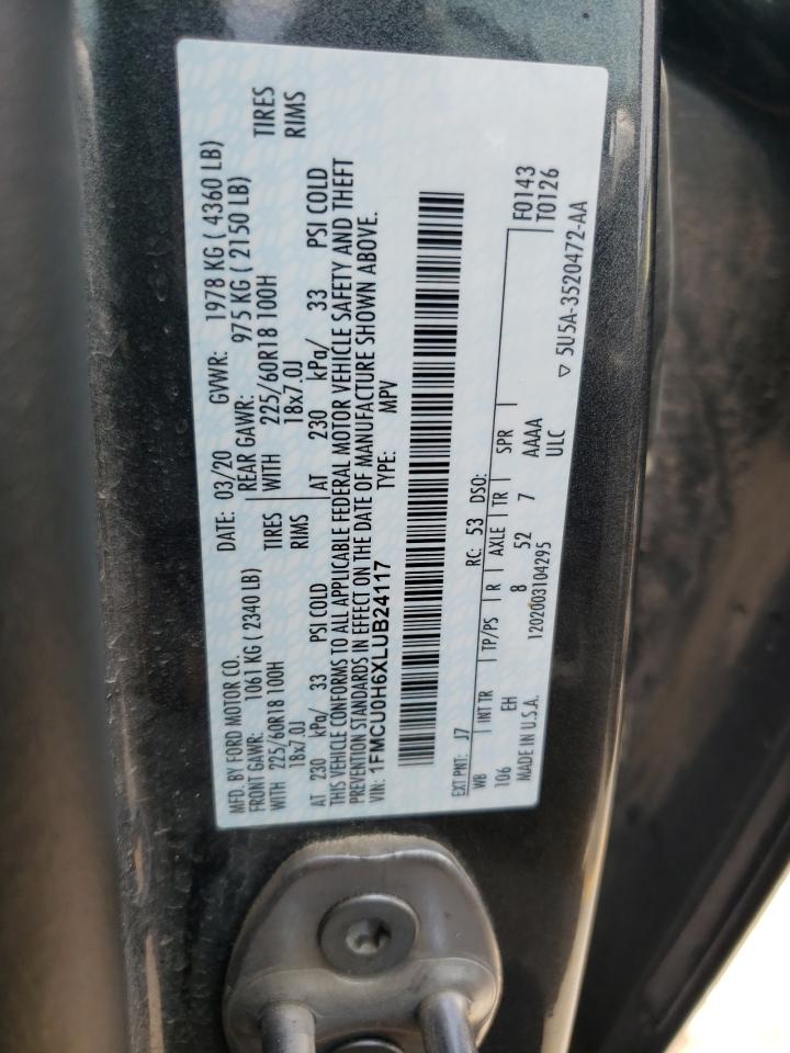 2020 Ford Escape Sel VIN: 1FMCU0H6XLUB24117 Lot: 64875604