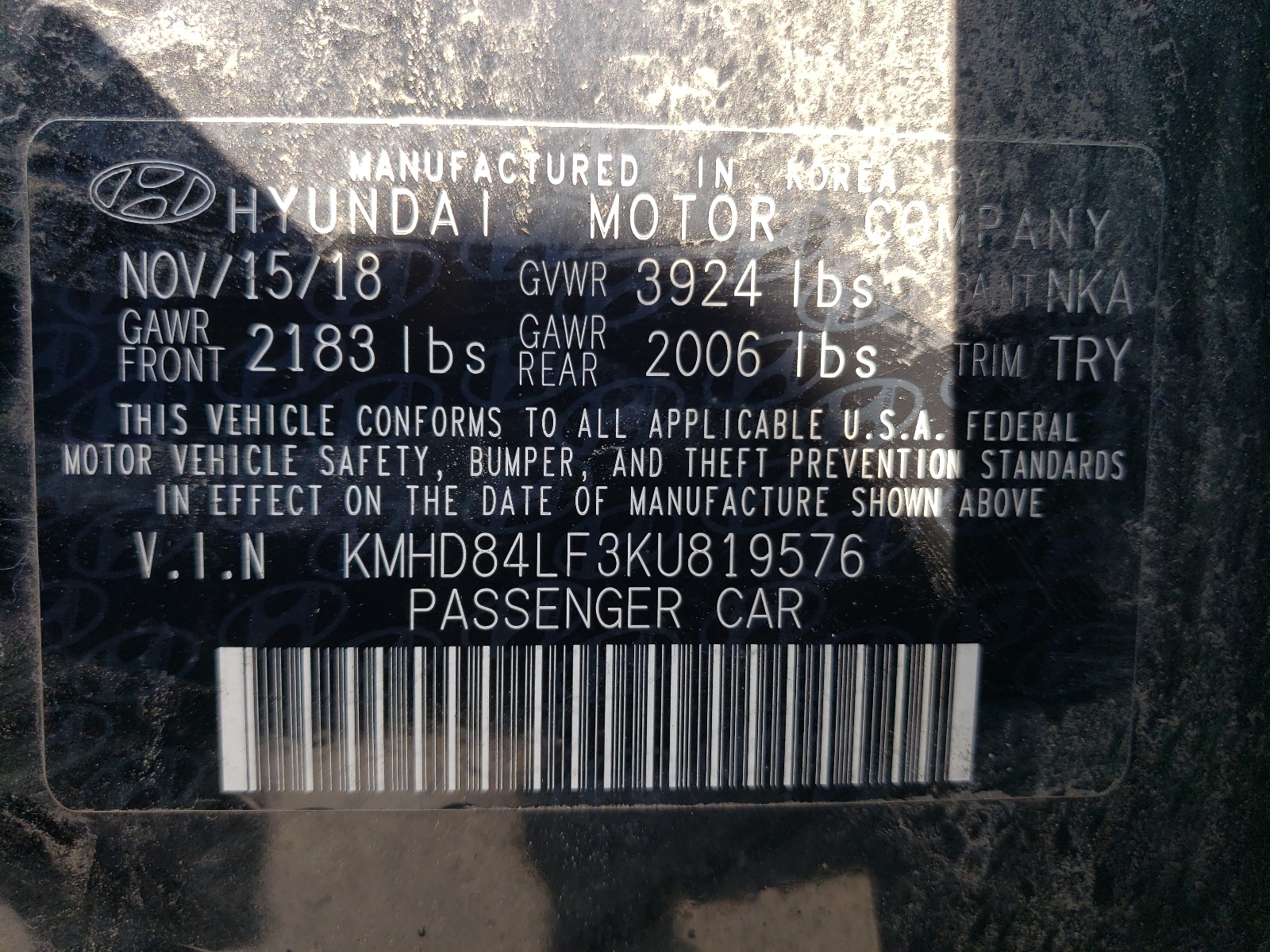 KMHD84LF3KU819576 2019 Hyundai Elantra Sel