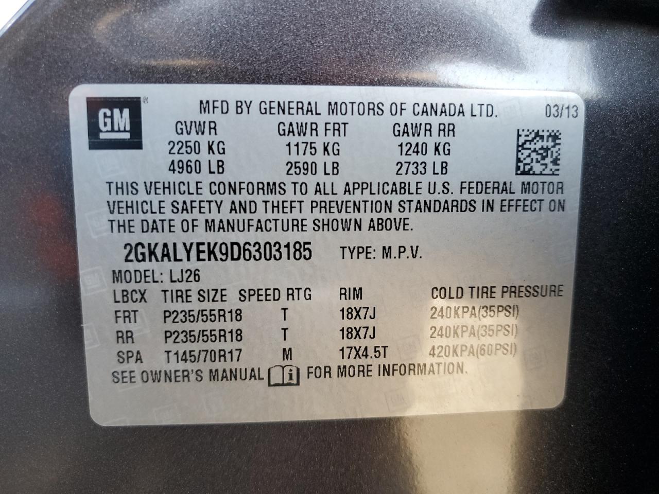 2013 GMC Terrain Denali VIN: 2GKALYEK9D6303185 Lot: 65162174