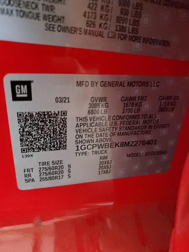 2021 Chevrolet Silverado C1500 Custom VIN: 1GCPWBEK8MZ276401 Lot: 63045264