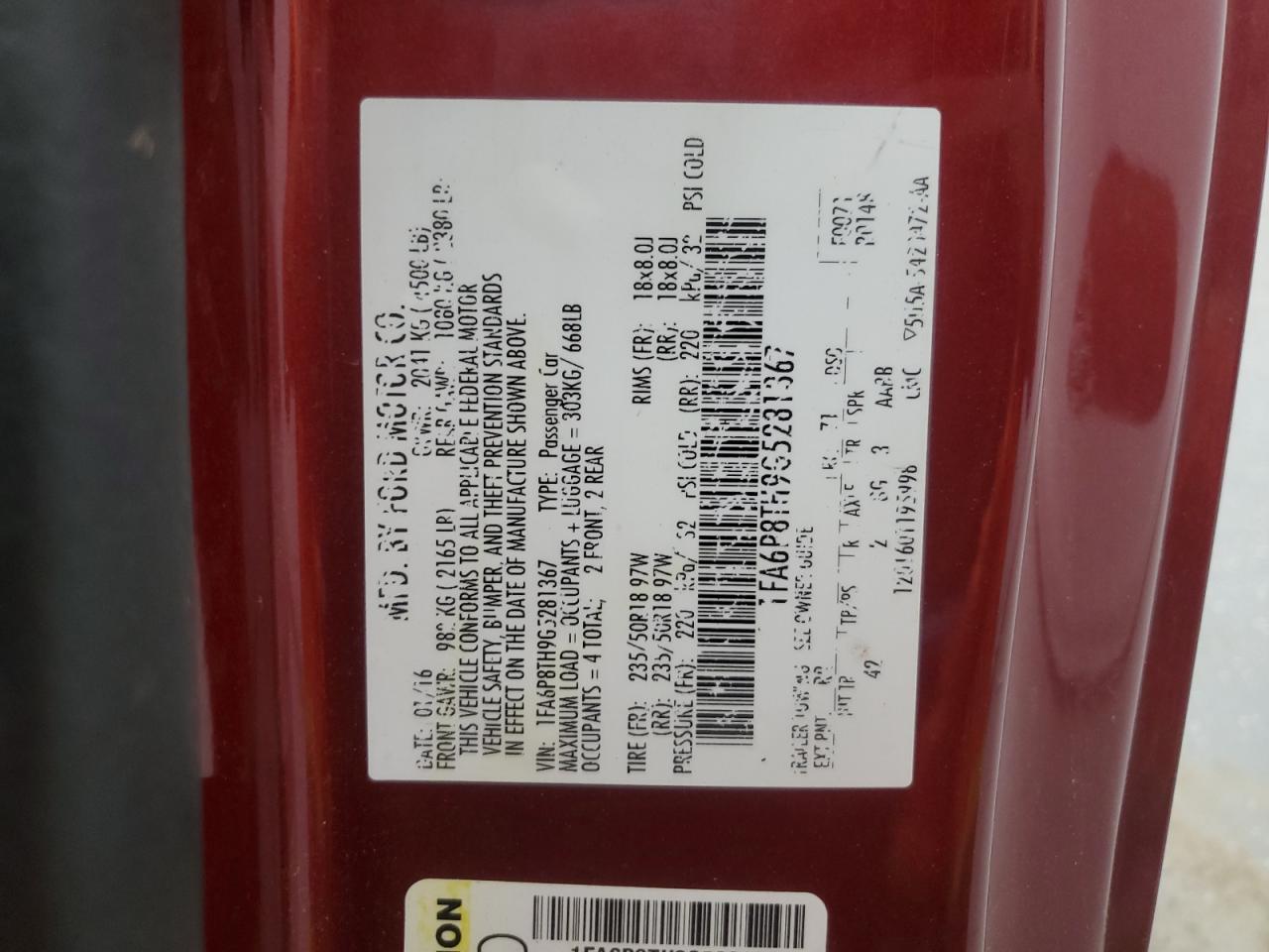 2016 Ford Mustang VIN: 1FA6P8TH9G5281367 Lot: 63453854