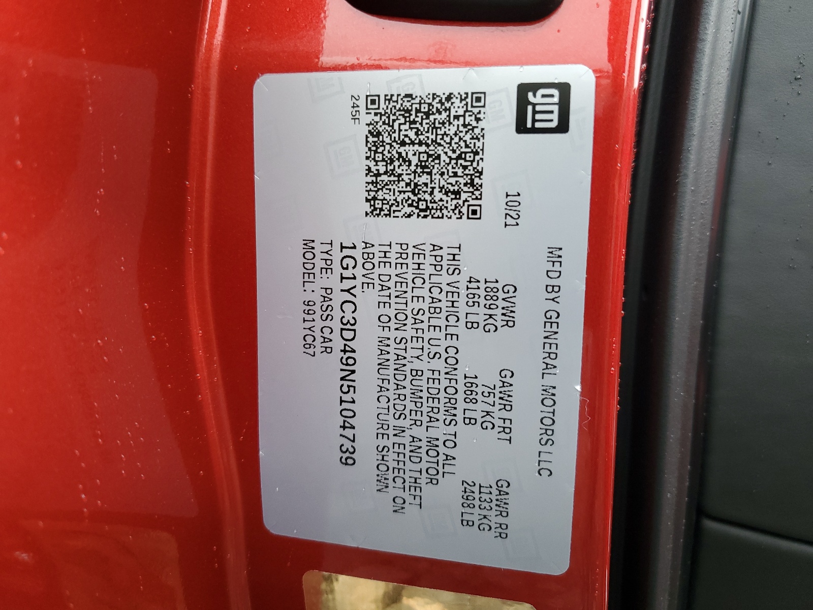 1G1YC3D49N5104739 2022 Chevrolet Corvette Stingray 3Lt