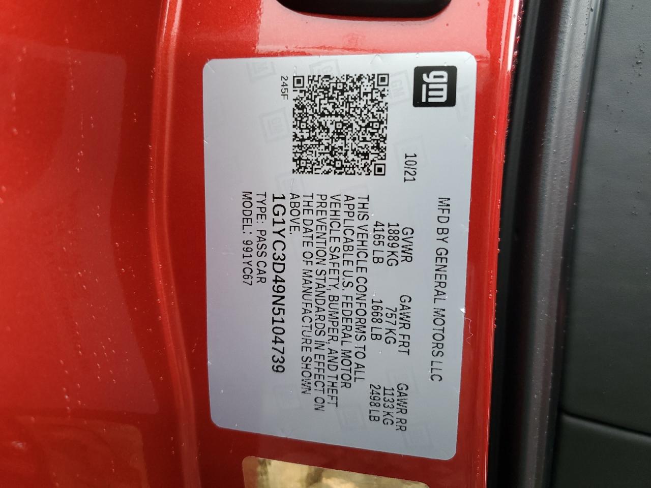 2022 Chevrolet Corvette Stingray 3Lt VIN: 1G1YC3D49N5104739 Lot: 64165084