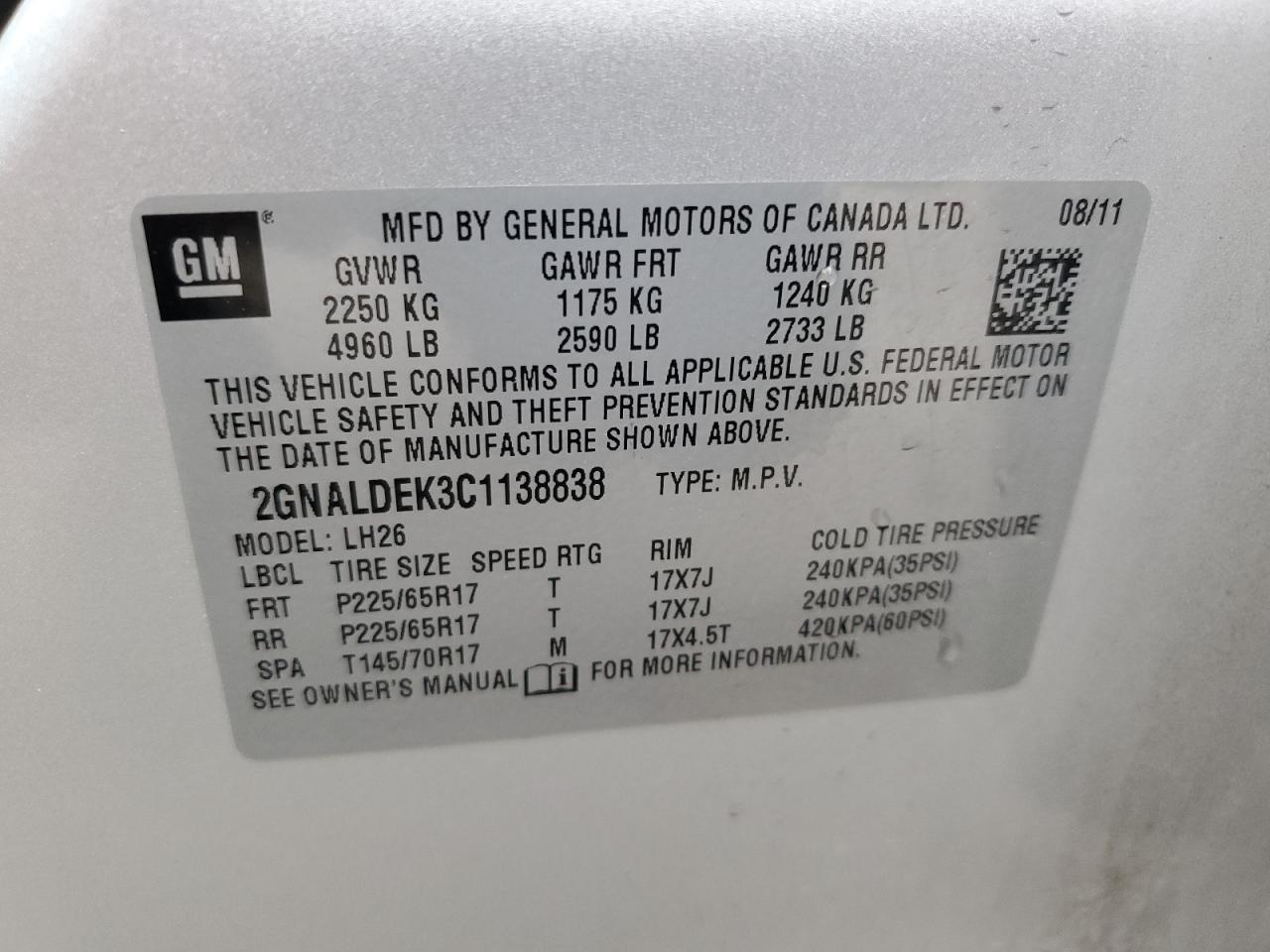 2012 Chevrolet Equinox Lt VIN: 2GNALDEK3C1138838 Lot: 63462424