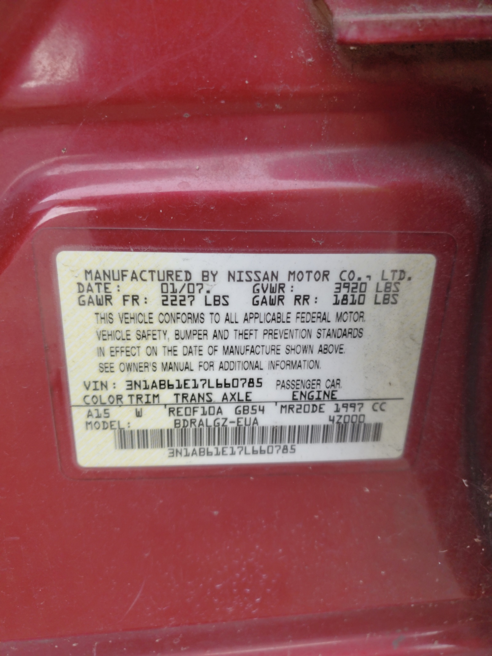 3N1AB61E17L660785 2007 Nissan Sentra 2.0