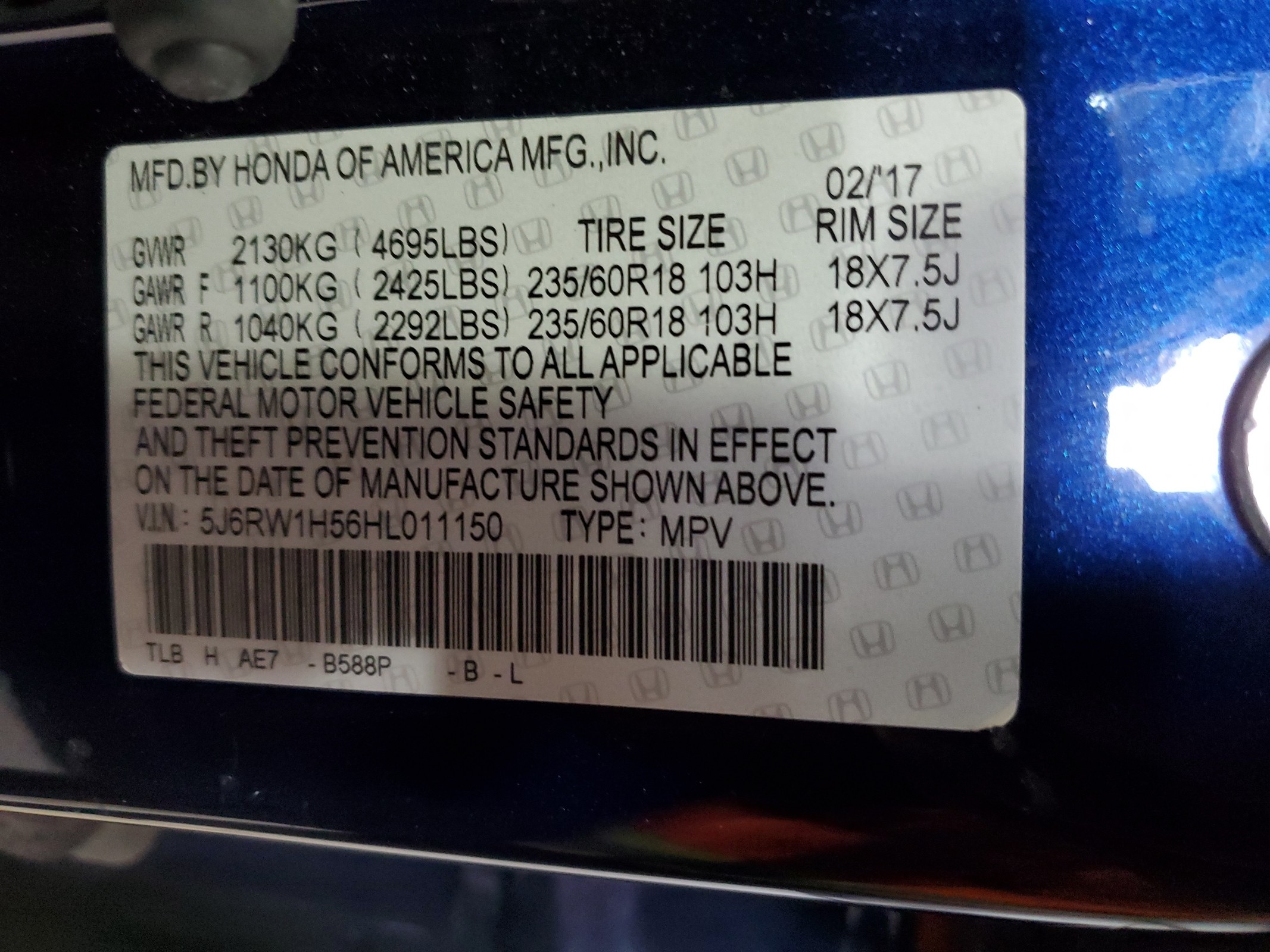 5J6RW1H56HL011150 2017 Honda Cr-V Ex