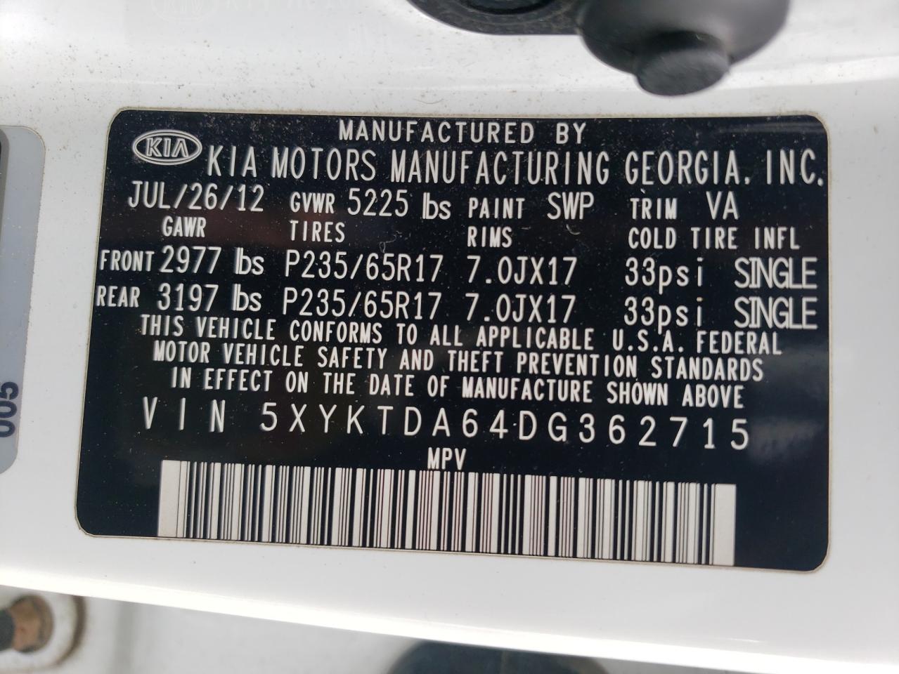2013 Kia Sorento Lx VIN: 5XYKTDA64DG362715 Lot: 61877444