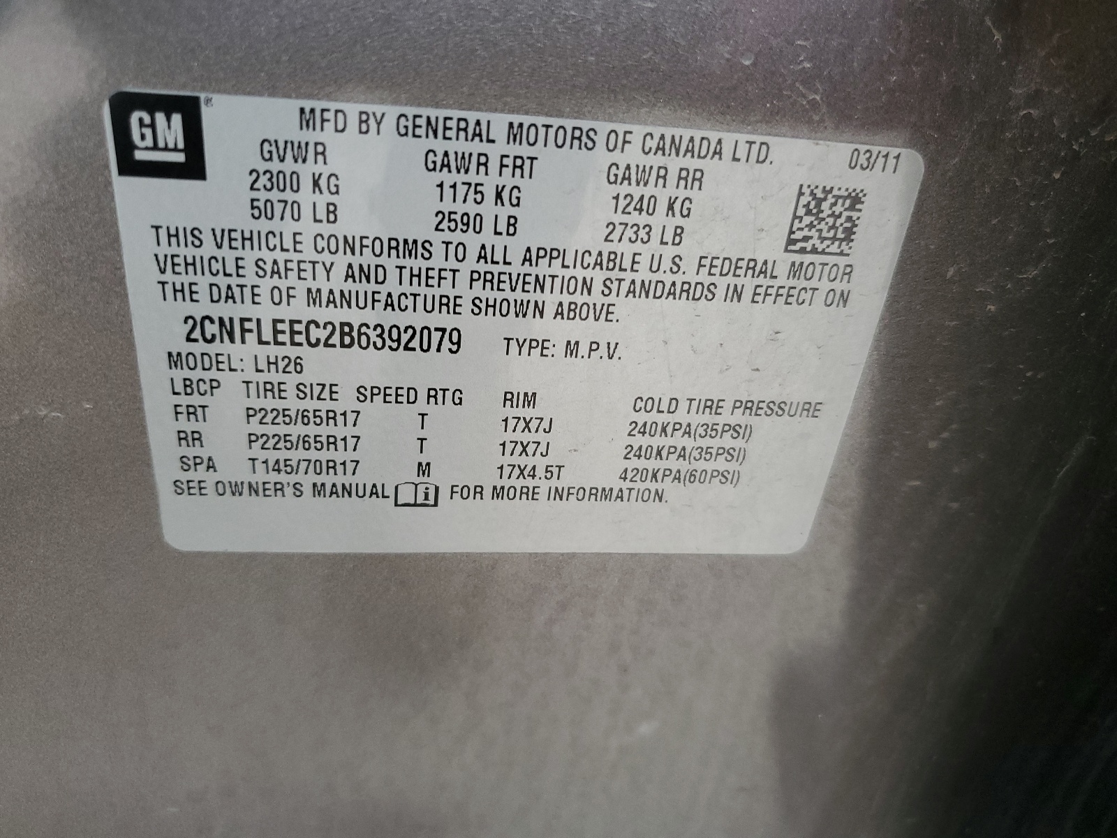 2CNFLEEC2B6392079 2011 Chevrolet Equinox Lt